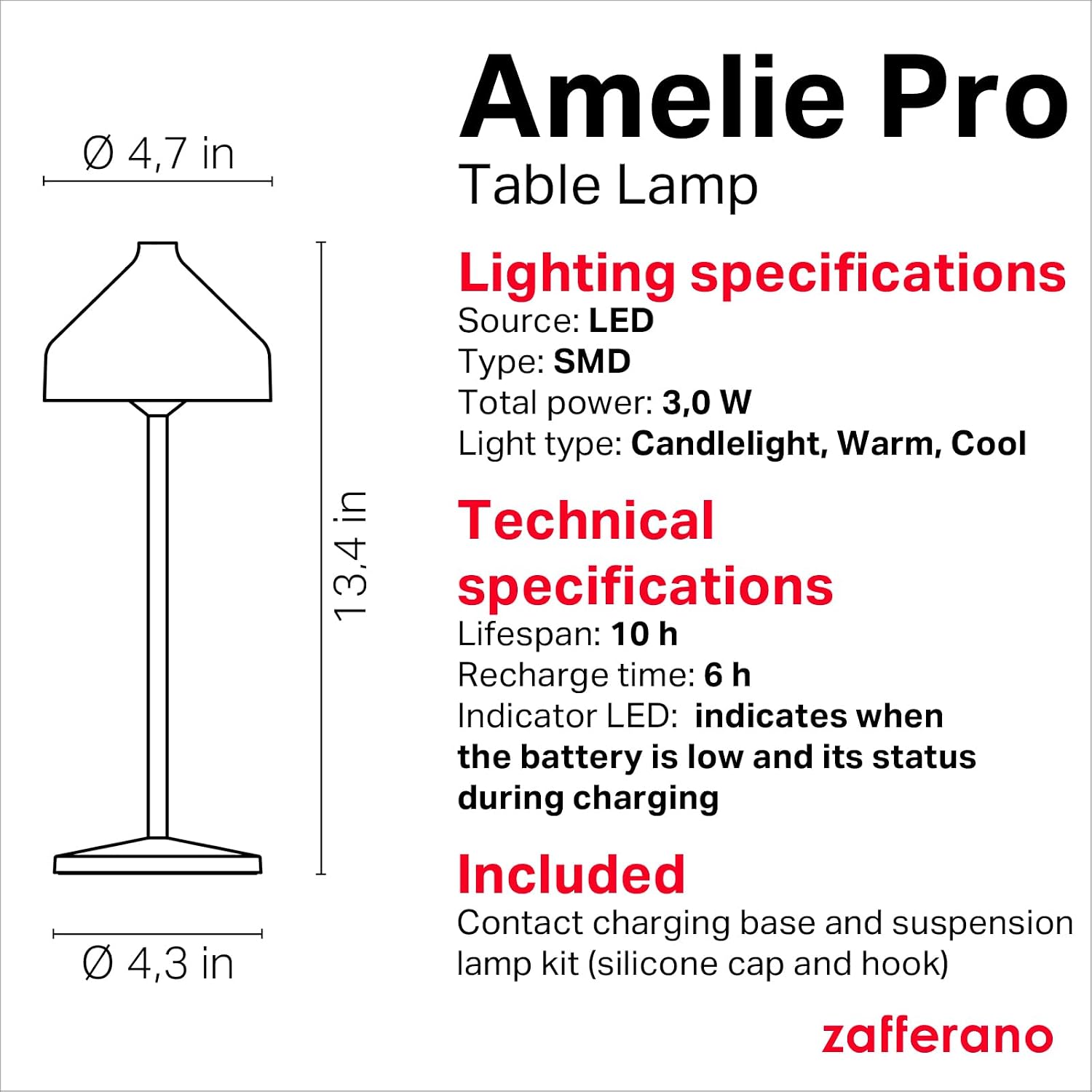 Zafferano, Amelie Pro Lamp, Rechargeable Cordless Table Lamp with Touch Control, Suitable for Indoor and Outdoor, Dimmer, 2200-3000 K, Height 13.4 Inches, Mint Green Color