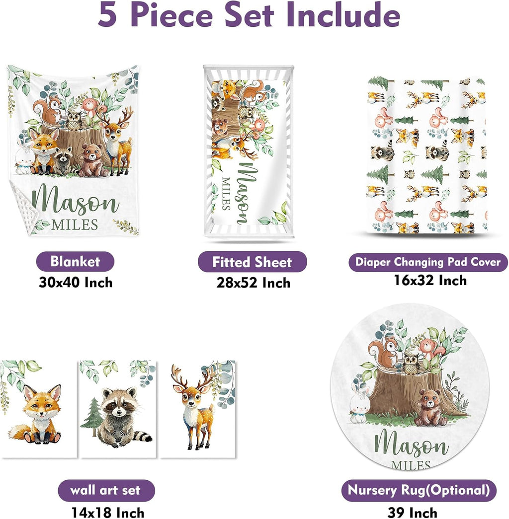 Personalized Baby Crib Bedding Set for Baby Boys Girls, Animal Stump Pattern Custom Name Baby Crib Sets 5-Pcs, Toddler Double Layer Blanket Fitted Sheets Changing Pad Cover Rug Wall Art Set