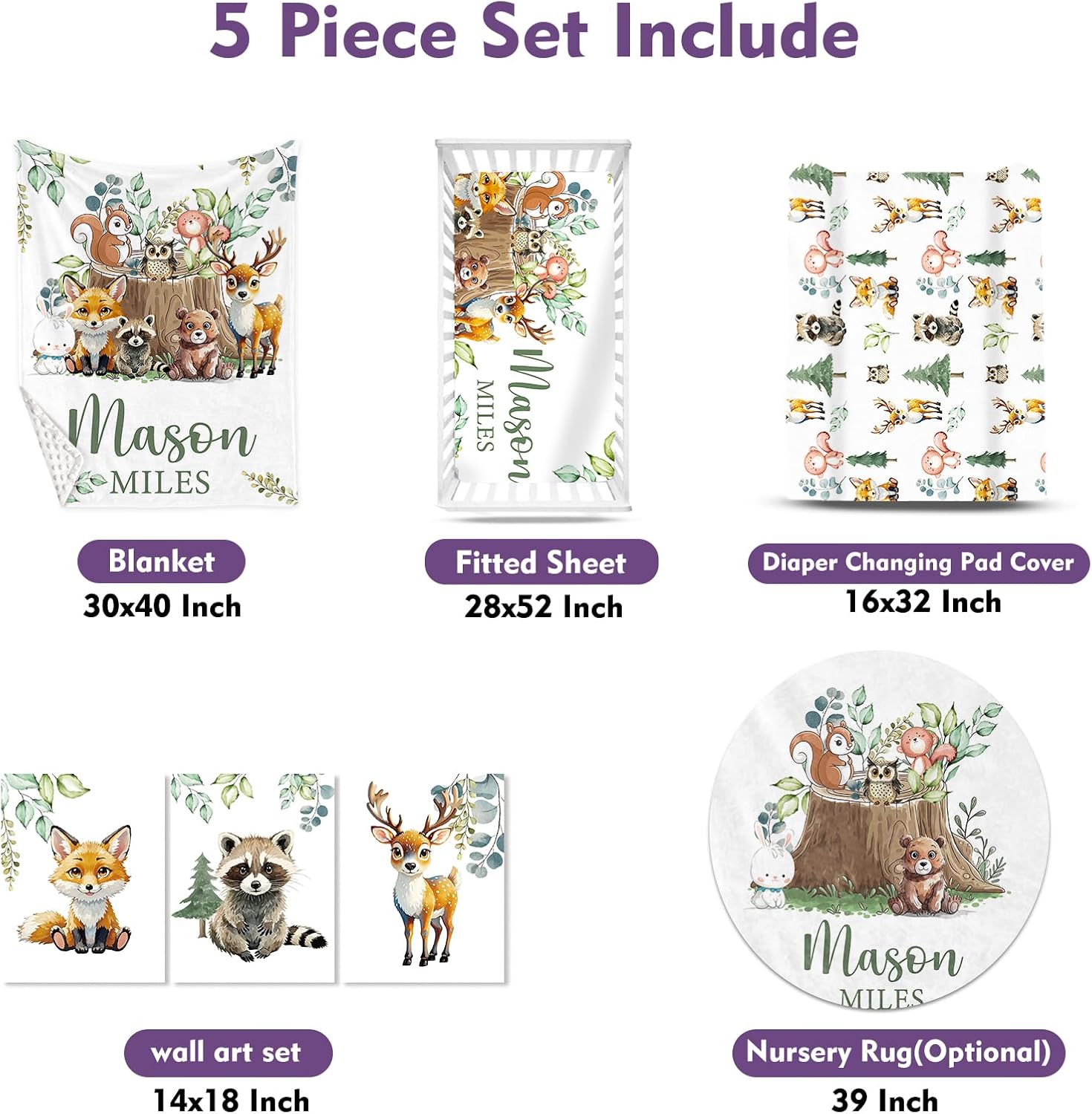 Personalized Baby Crib Bedding Set for Baby Boys Girls, Animal Stump Pattern Custom Name Baby Crib Sets 5-Pcs, Toddler Double Layer Blanket Fitted Sheets Changing Pad Cover Rug Wall Art Set