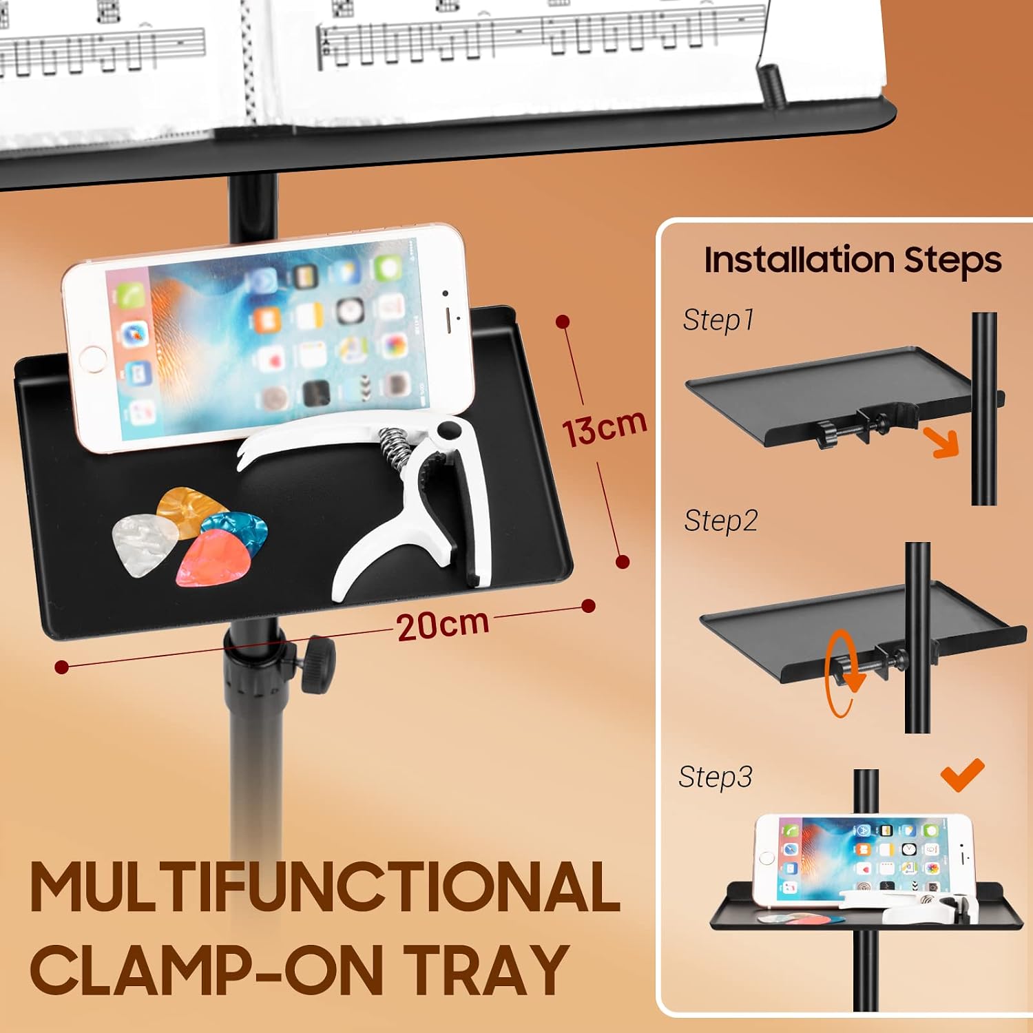 CAHAYA - Dual Use Sheet Music Stand with Holding Tray and Desktop Book Holder, Sheet Music Folder, Projector Stand for Guitar, Ukulele, Violin Players