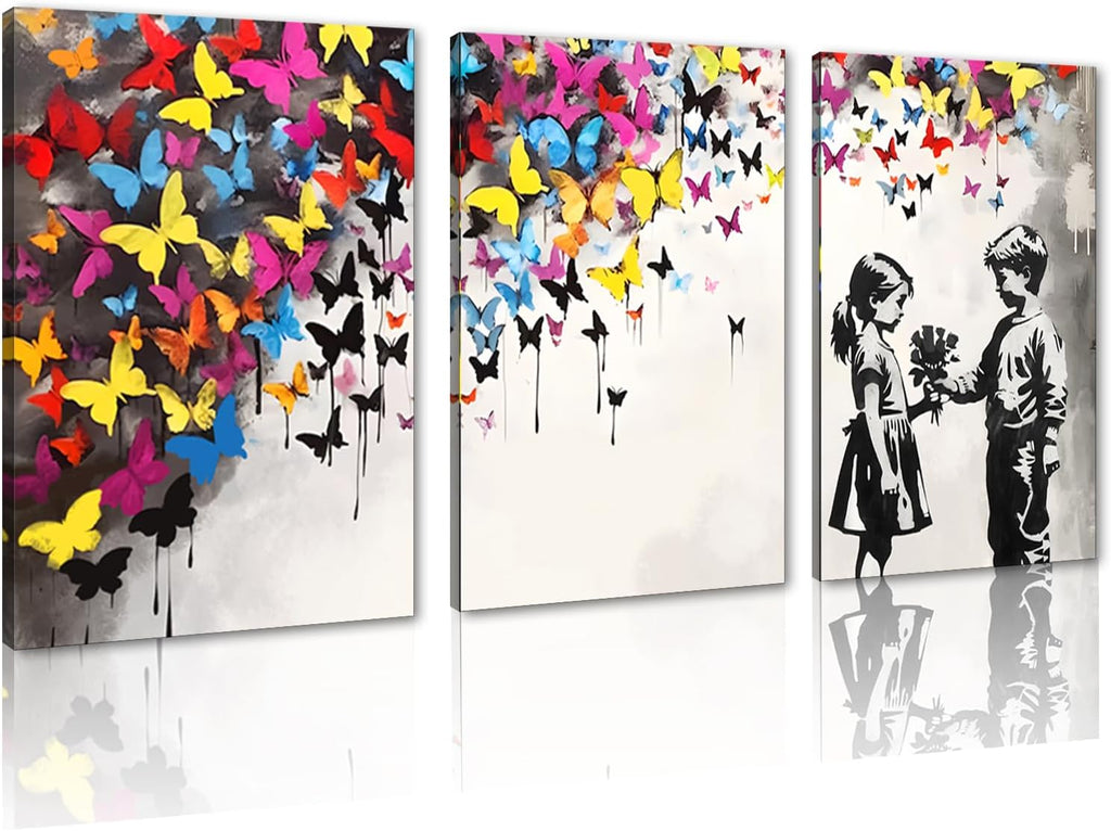 Novatique Banksy Street Wall Art Graffiti Canvas Wall Art Colorful Painting Wall Decor Graffiti Art Butterfly Posters for Living Room Bedroom,24' x 36' x 3pcs