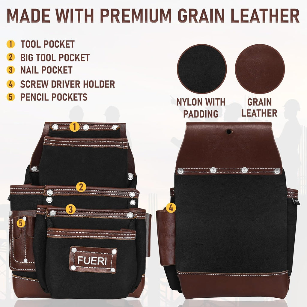 FUERI Nylon Tool Belt Bags Pouches Heavy Duty for Men Construction Carpenter Electrician Framer Work Black & Brown