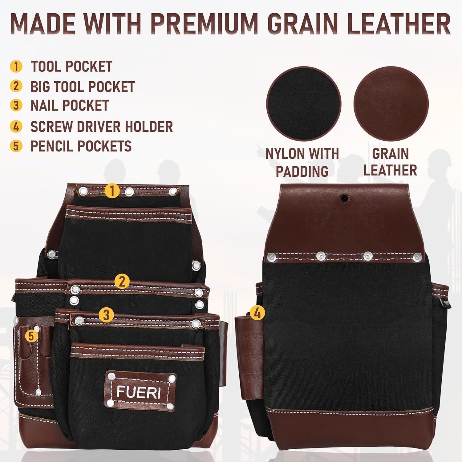 FUERI Nylon Tool Belt Bags Pouches Heavy Duty for Men Construction Carpenter Electrician Framer Work Black & Brown