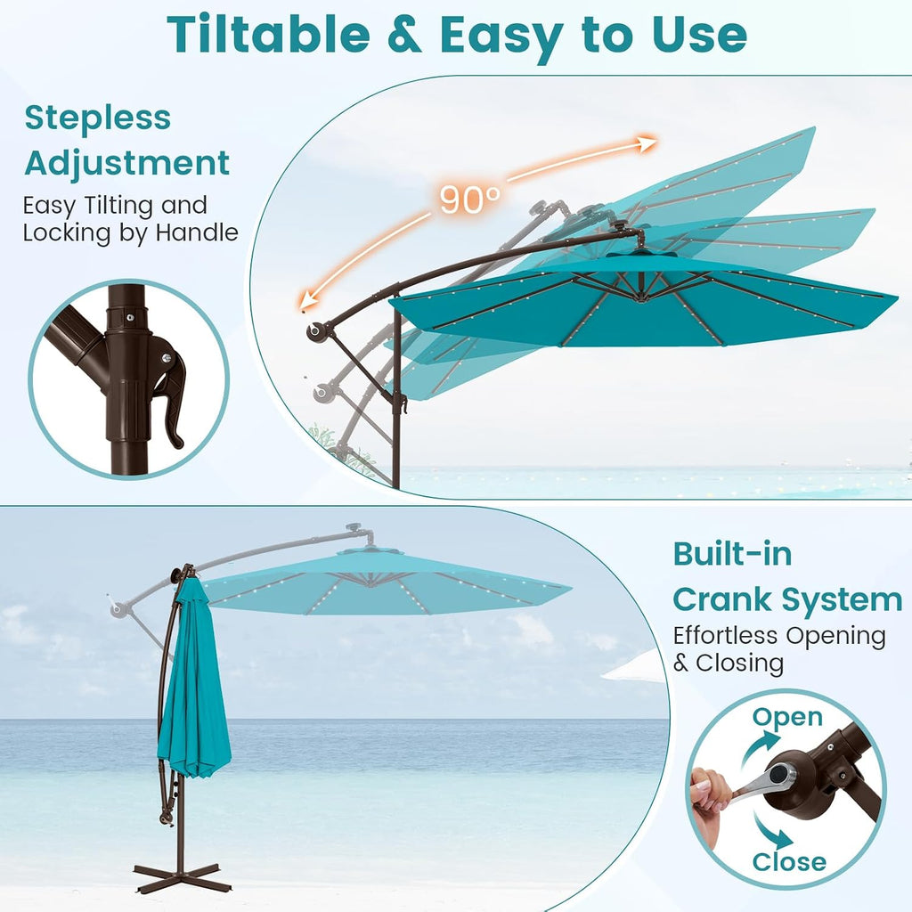 Tangkula 10FT Offset Patio Umbrella with Base Included, Outdoor Cantilever Umbrella with 40 Solar LED Lights, Tilt Adjustment, Crank Handle, Vented Top, Sand Bags for Pool Yard Deck (Turquoise)