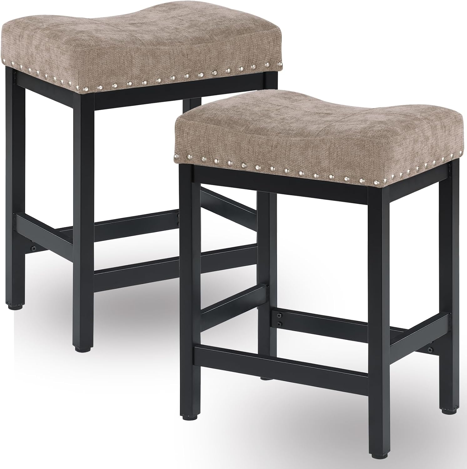 OUllUO Bar Stools Set of 2, 25 Inches Counter Height Bar Stools, Taupe Fabric Saddle Seat Bar Stools with Nailhead, Black Metal Kitchen Barstools for Kitchen Counter, 918P-FBDR