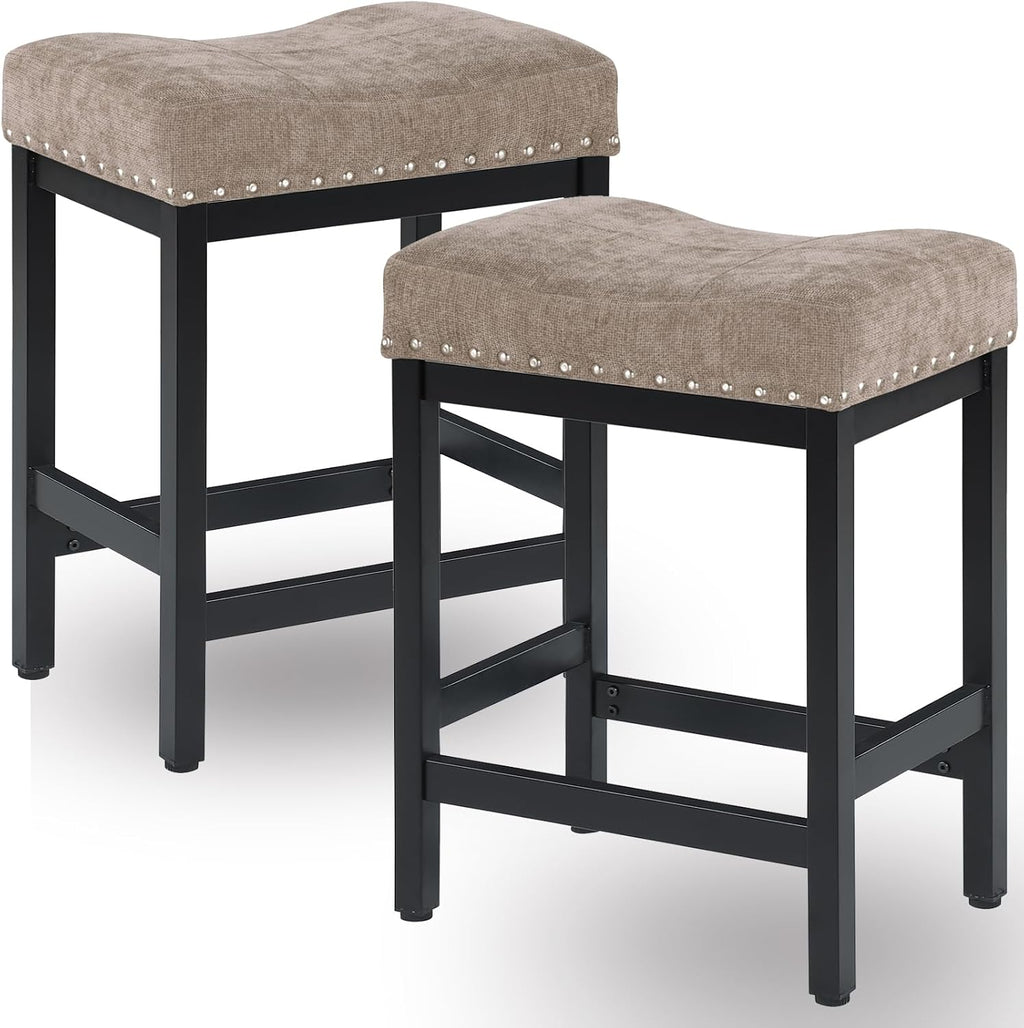 OUllUO Bar Stools Set of 4, 25 Inches Counter Height Bar Stools, Taupe Fabric Saddle Seat Bar Stools with Nailhead, Black Metal Kitchen Barstools for Kitchen Counter, 918P-FBDR4