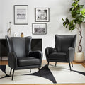 HULALA HOME Faux Leather Accent Chair Set of 2 with Removable Cushion, Comfy Upholstered Armchair with Metal Legs & Nailhead Trim Wingback Vanity Chair for Reading Living Room Bedroom, Black