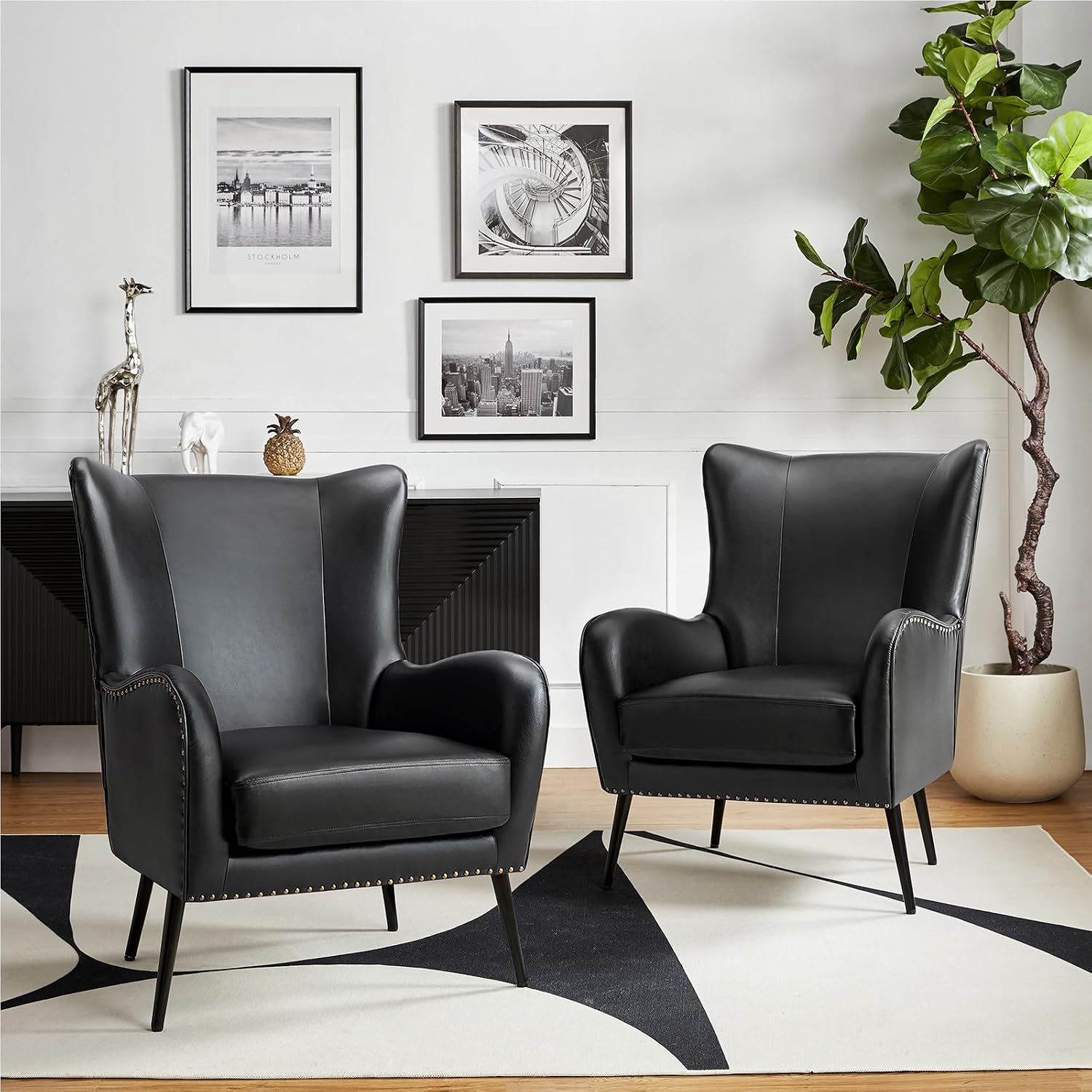 HULALA HOME Faux Leather Accent Chair Set of 2 with Removable Cushion, Comfy Upholstered Armchair with Metal Legs & Nailhead Trim Wingback Vanity Chair for Reading Living Room Bedroom, Black