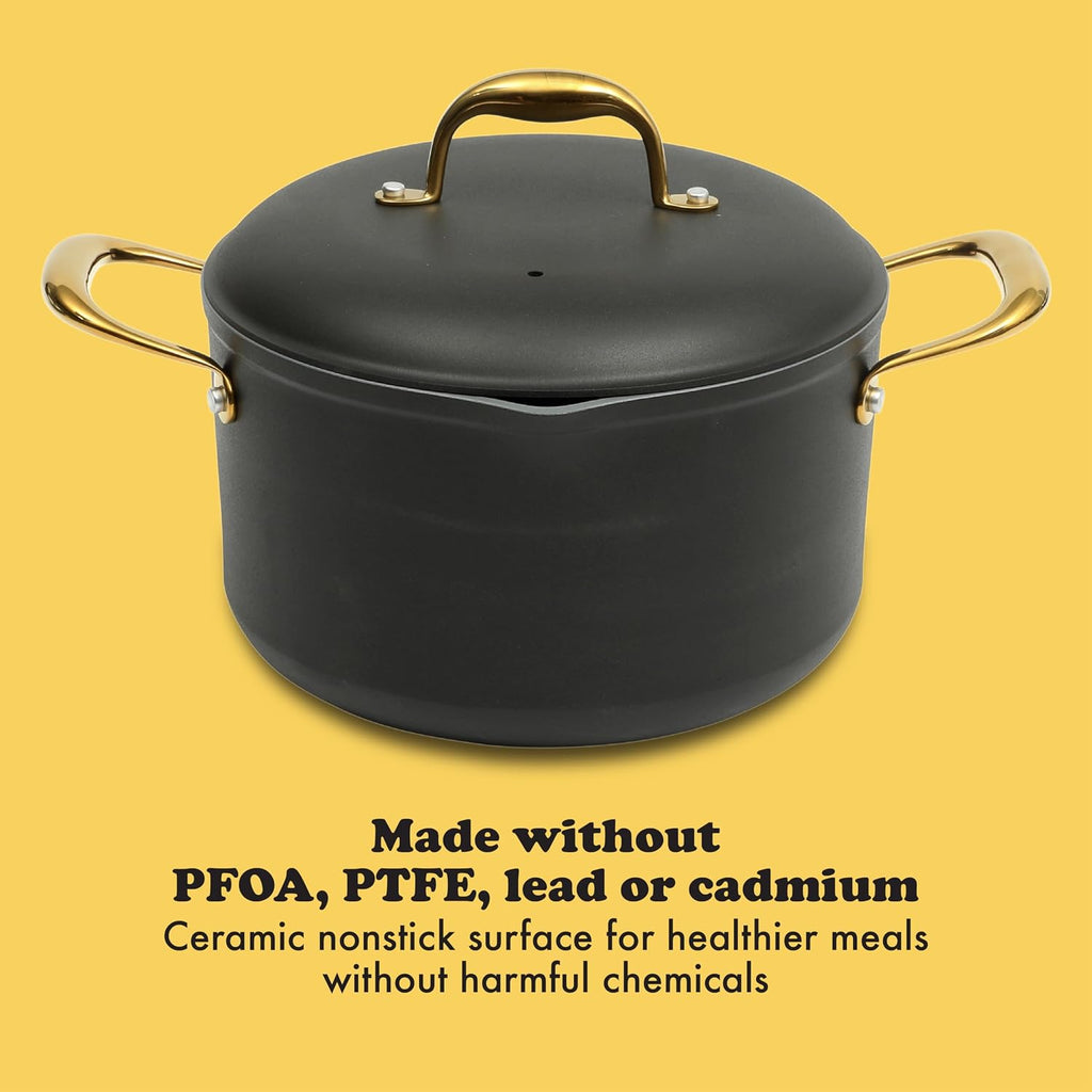 Frok 10 Piece Pots and Pans 4MM Thick Quick Heat Aluminum Cookware Set w/Premium PFA Free Ceramic Nonstick Interior Heat Resistant Exterior - Induction - Black & Gold