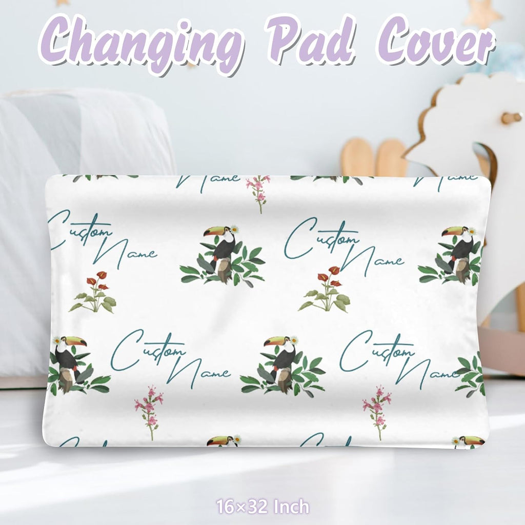 Custom Baby Crib Bedding Set, 5 PCS Personalized Name Baby Crib Sets for Girls Boys, Toucan Theme Nursery Bedding Sets for Infant Toddler, Double Layer Flannel Bed Set Customized Gifts