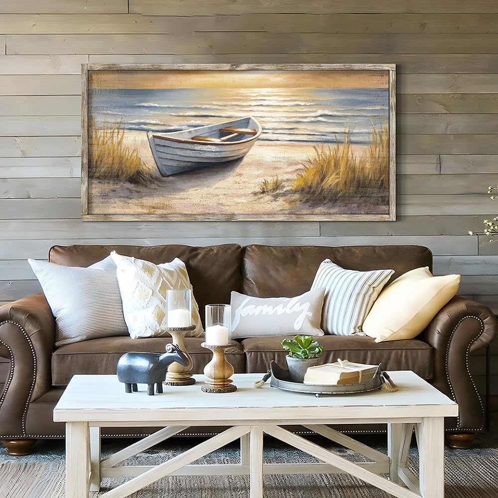 Beach Framed Wall Art Painting: Coastal Ocean Sunset Wooden Artwork Sea Boat Nautical Picture Seaside Seashore Seascape Print Decor for Bedroom Living Room Office