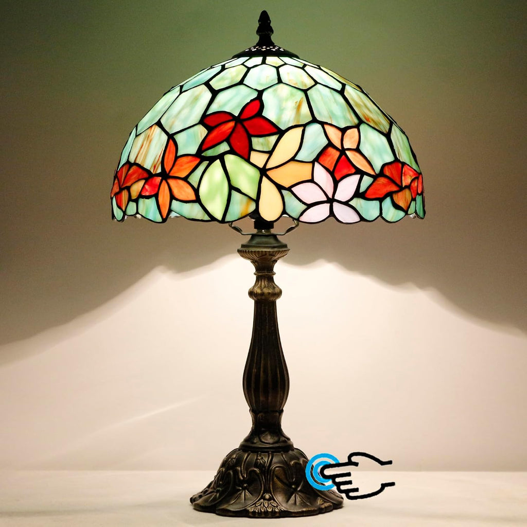Tiffany Lamp Touch Control Table Lamp Red Yellow Green Flowers Style Stained Glass Desk Lamp 12X12X19 Inches Reading Light