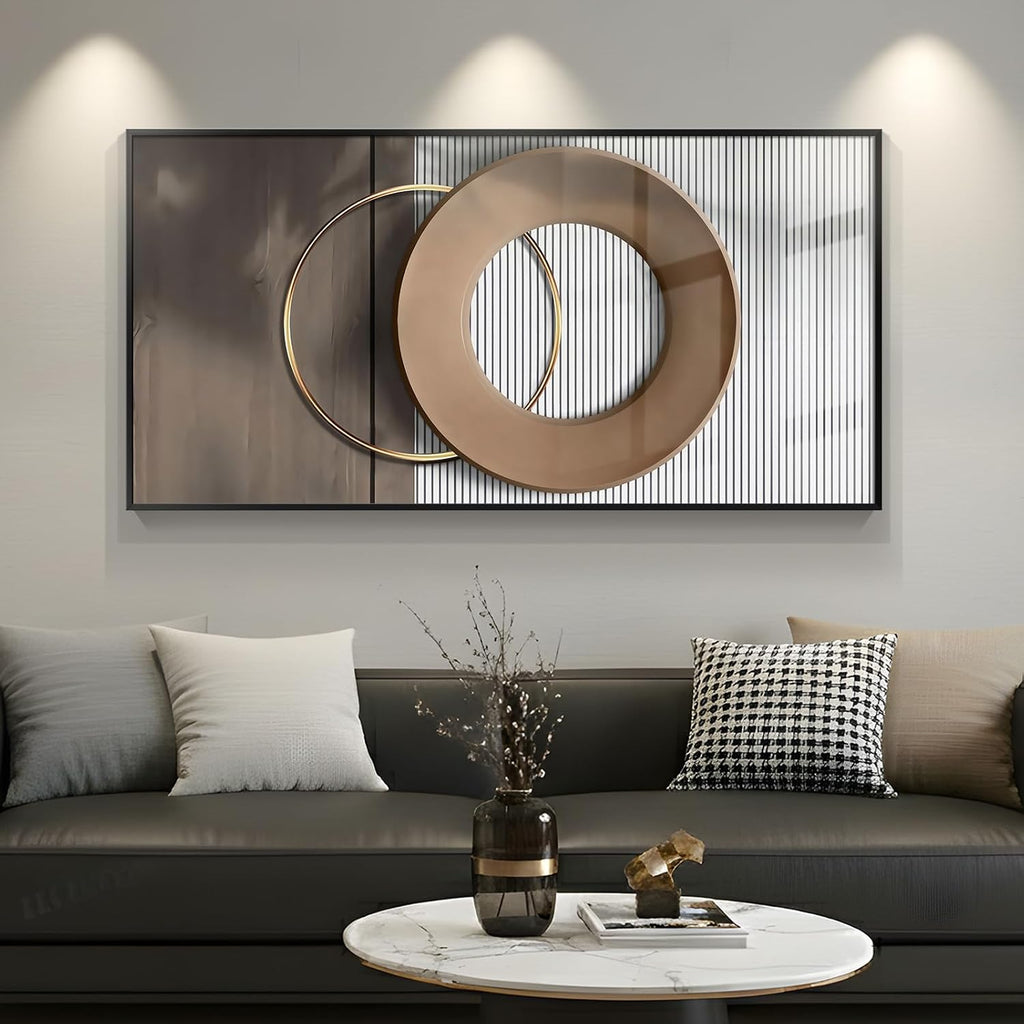 Large Horizontal Modern Wall Art for Living Room, Framed Neutral Picture Prints, Minimalist White Brown Circle Geometric Painting Artwork Decor for Bedroom Dining Room Hallway Office 56x28 Inch