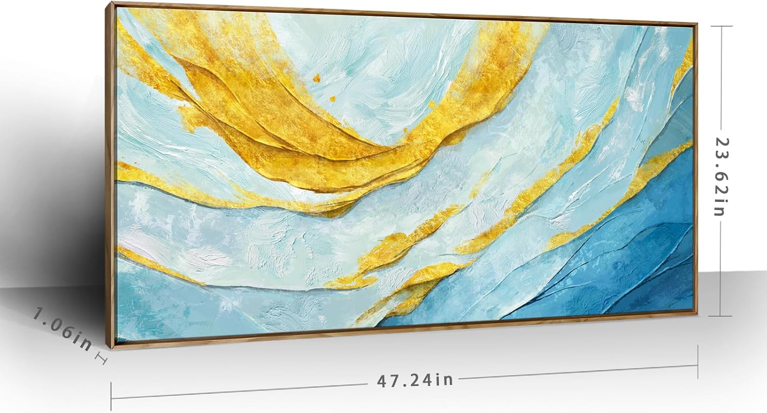 Nicetop Framed Abstract Wall Art for Living Room– Large Size Coastal Canvas Print Modern Picture Horizontal Blue and Gold Artwork with Wood Frame for Bedroom Home Office Aesthetic Decor 48x24 Inch