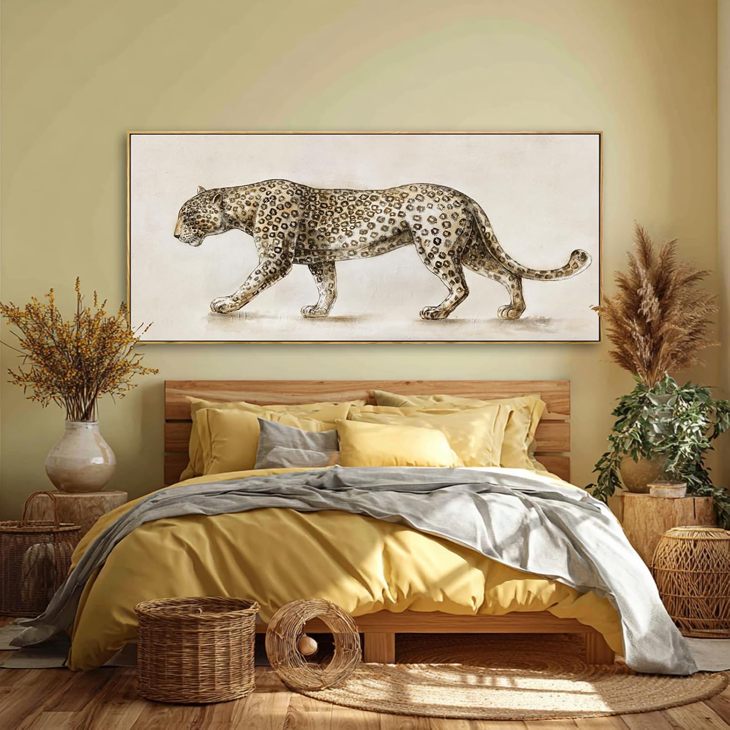 Leopard Canvas Wall Art, Neutral Animal Framed Artwork, Extra Wide Horizontal Wall Decor, Large 32×70 Inch Art for Living Room Bedroom Over Sofa