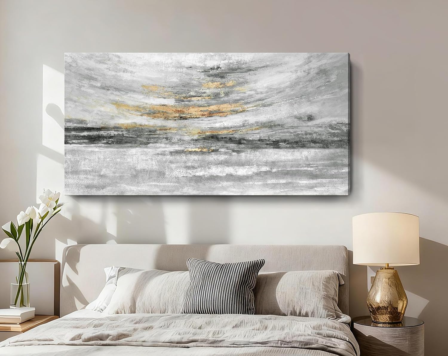 Nicetop 58x29' Modern Minimalist Black & White Abstract Coastal Wall Art with Metallic Gold Accents – Gallery Wrapped Abstract Ocean Waves & Clouds Canvas Art, Ready to Hang for Living Room Wall Decor, Bedroom Wall Art & Office Wall Decor