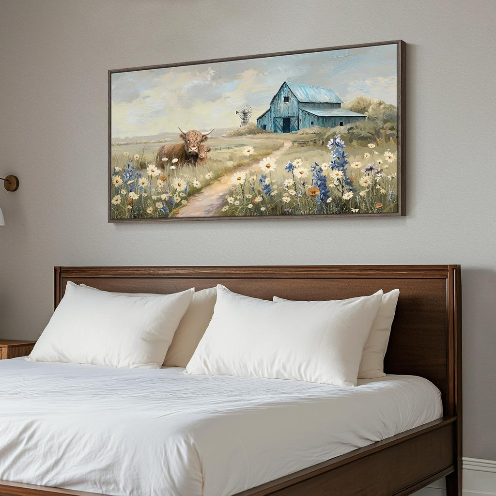 Extra Large Framed Farmhouse Style Wall Art - Vintage Rustic Canvas Art Print - Wildflower Highland Cow, Windmill & Teal Barn - Country Farm Painting for Living Room 30x60 Inch