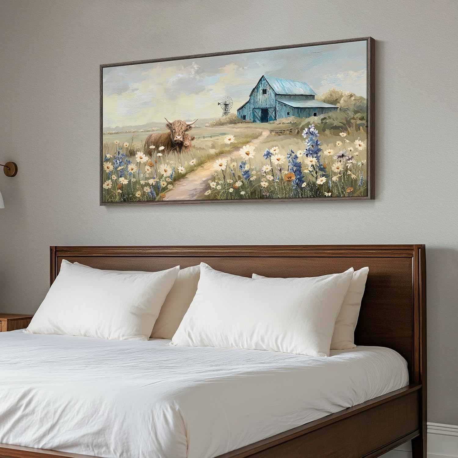Extra Large Framed Farmhouse Style Wall Art - Vintage Rustic Canvas Art Print - Wildflower Highland Cow, Windmill & Teal Barn - Country Farm Painting for Living Room 30x60 Inch