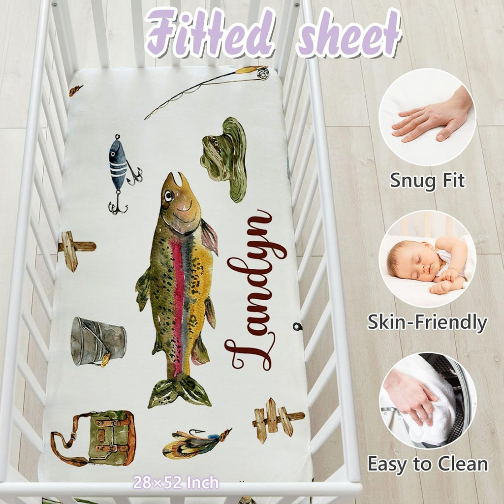 Personalized Baby Crib Bedding Set, 5 Pcs Custom Name Nursery Bedding Set for Girls Boys, Fishing Baby Crib Set for Toddlers Infants, Double Layer Bedding Crib Sets Customized Gifts