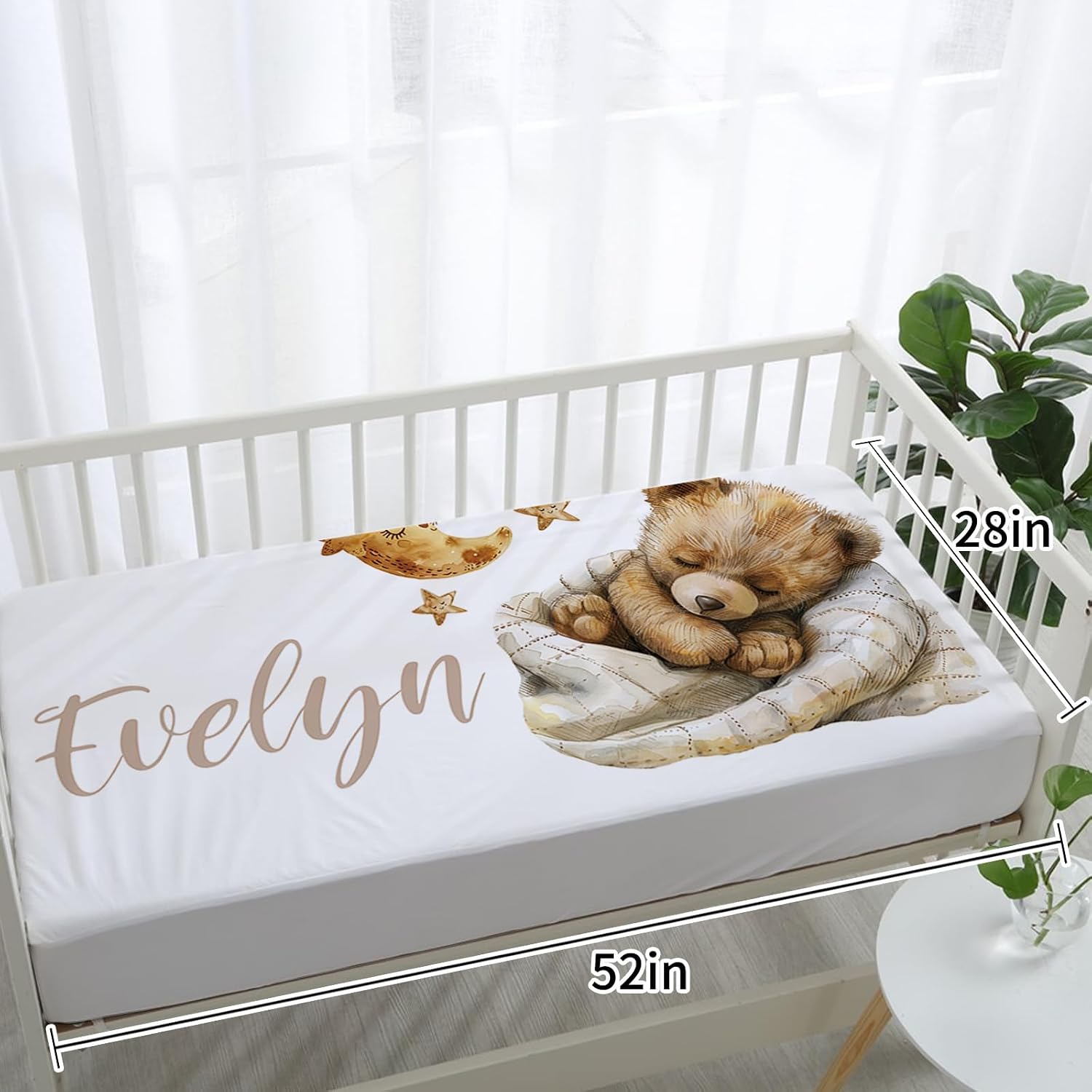 Personalized Crib Bedding Set for Baby Boys Girls, Custom Name Baby Crib Sets 5-Pcs Include Toddler Double Layer Blanket Fitted Sheet Changing Pad Cover Rug Wall Art Set, Bear Theme Nursery Décor