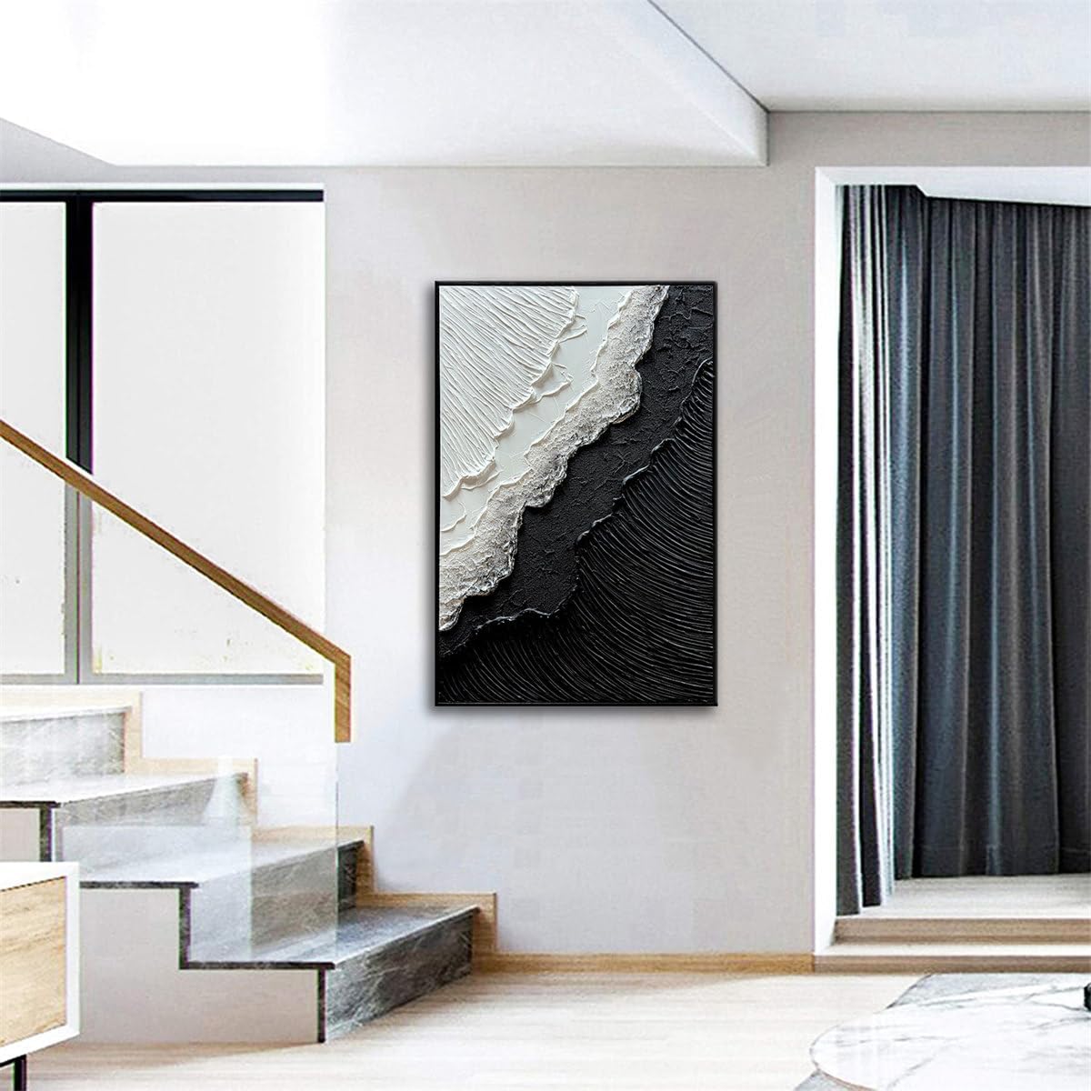 Framed Black and White Ocean Wave Wall Art, Modern Abstract Textured Paintings on Canvas, Relief Wall Art for Living Room Bedroom Wall Decor