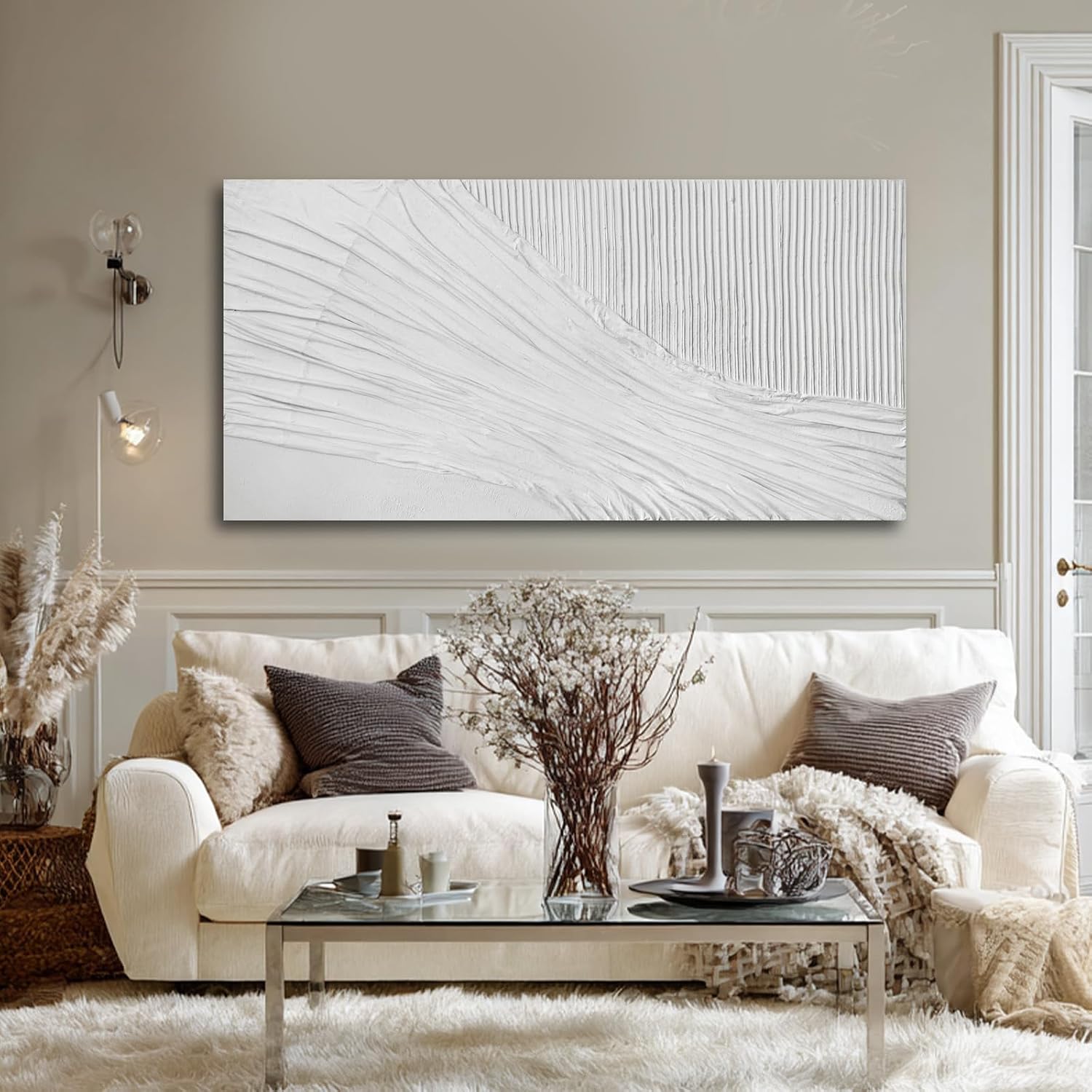 SHEYOYE White Textured Abstract Wall Art Canvas 24x48 Inch, Hand Painted Modern Wall Art, Minimalist Neutral Wall Decor, Canvas Wall Art for Living Room Bedroom, Gallery Wrapped Ready to Hang