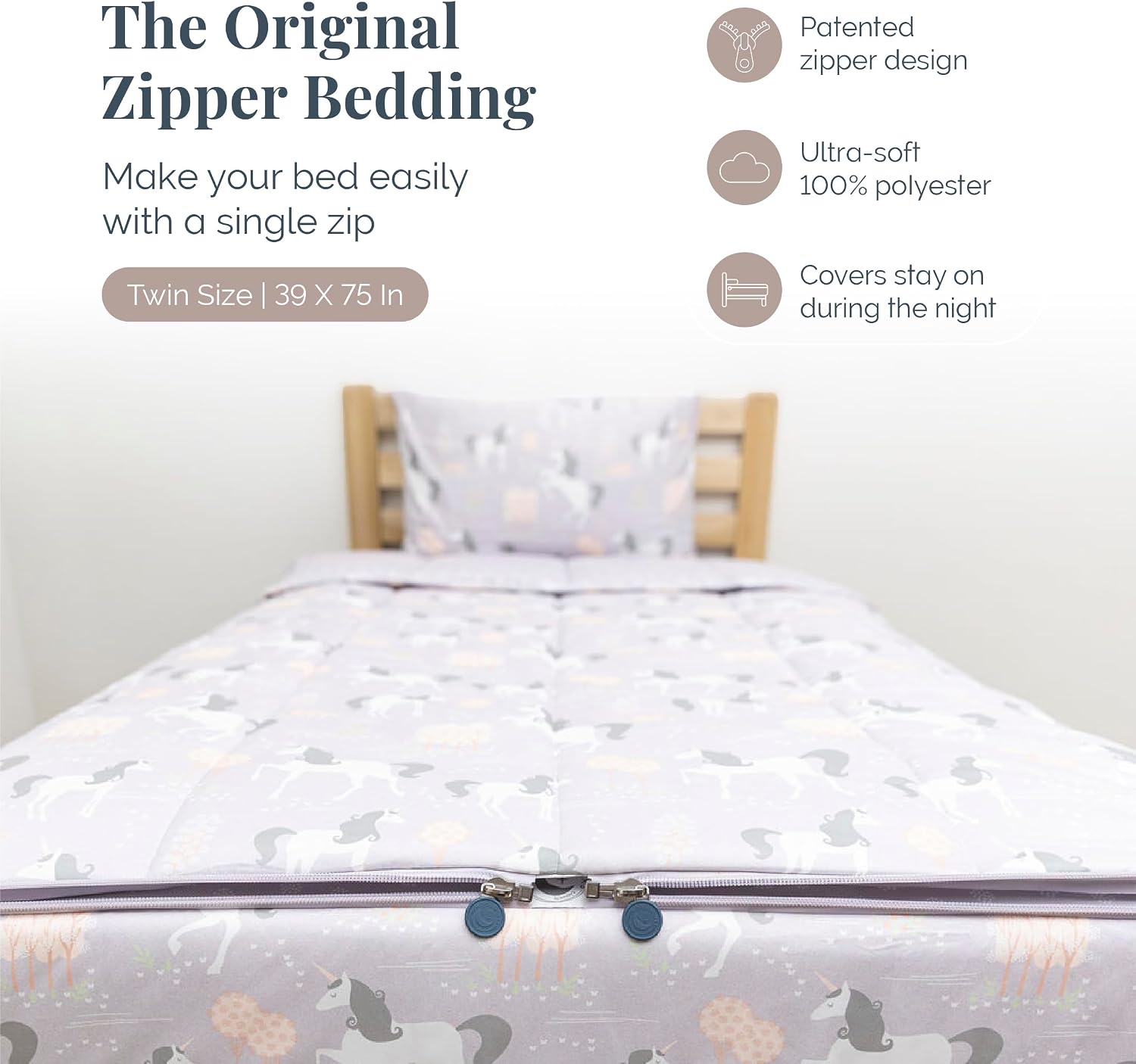 Beddy's Fairytale Unicorn Durable Zipper Bedding for Kids - Bed in a Bag - Purple Sheets & Comforter with Unicorns - Includes Pillowcase and Sham - Easy to Make & Wash - Twin