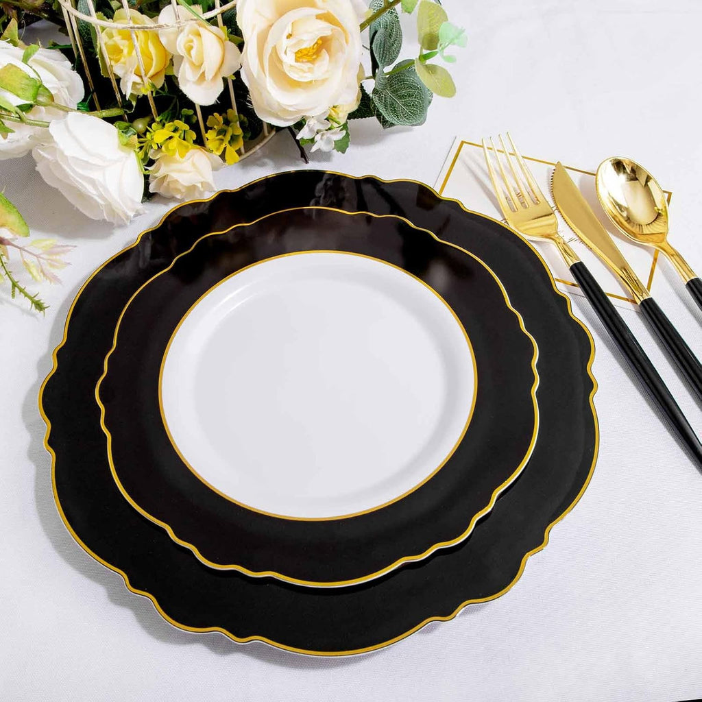 WDF 30Guest Black and Gold Plastic Plates - New Year Plates - Gold Plastic Silverware With Black Handle Baroque Black and Gold Disposable Dinnerware for New Year &Parties (Pack of 2)