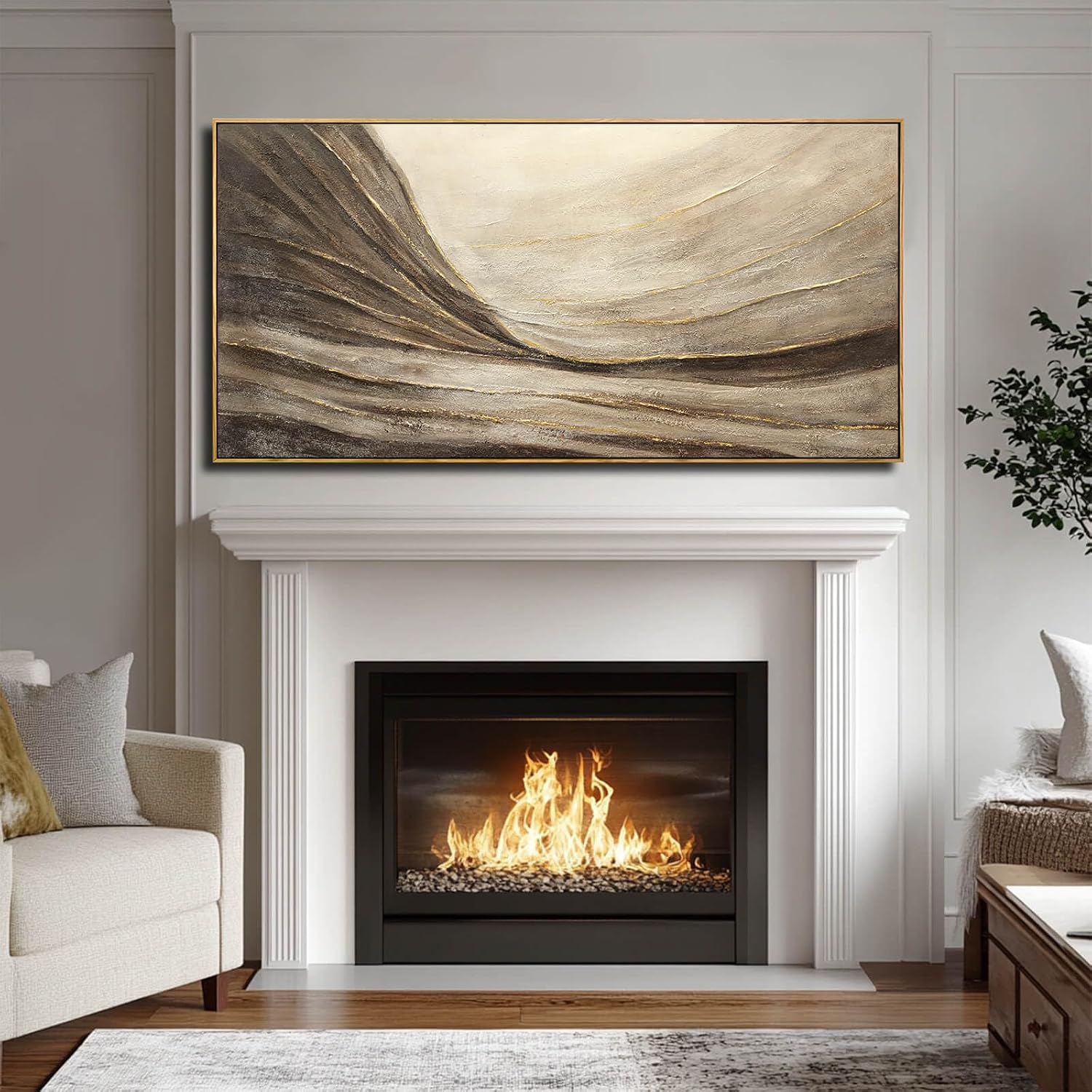 WINKAILIN Modern Abstract Wall Art with Frame Brown and Grey Painting Wave Poster Line Canvas for Living Room Bedroom Textured Home Decor 24x48 Inch