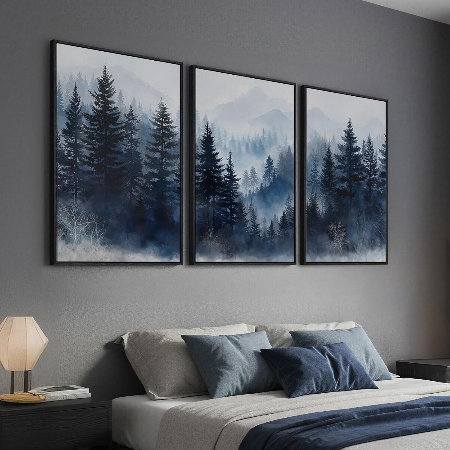 Framed Blue Forest Mountain Wall Art for Living Room, Misty Pine Tree Nature Landscape Canvas Artwork for Walls, Neutral Foggy Forest Scenic Painting Prints for Bedroom Office Wall Decor, 24x36 Inch