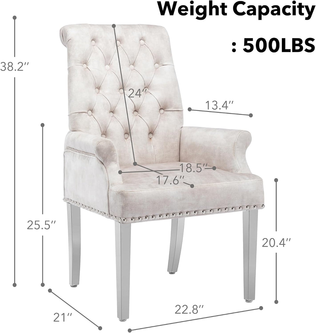 LOULENS Luxurious Velvet Dining Chairs Set of 2, Modern Upholstered Dining Chair with Arms, Tufted High Back Dining Room Chairs with Stainless Steel Leg for Kitchen & Dining Room, Beige