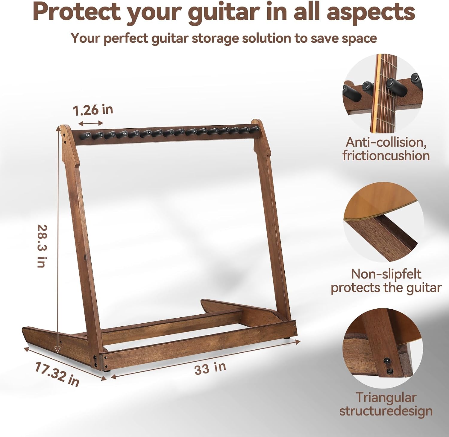 Guitar Stand for Multiple Guitars,Multi Wood Guitar Rack for 5 Acoustic Guitar, 8 Electric or Bass,18mm-thick wooden plank