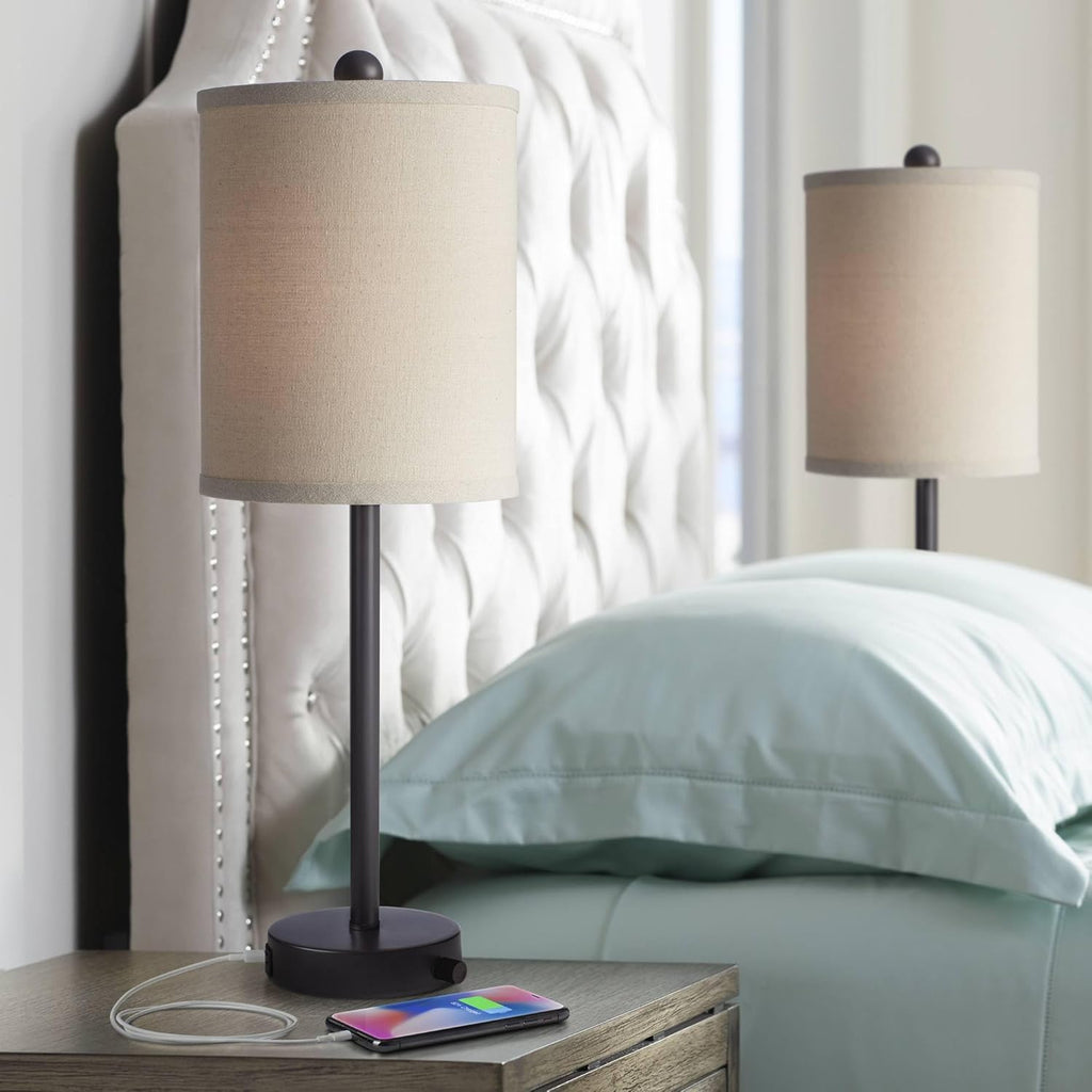 360 Lighting Trotter Modern Industrial Table Lamps 23.75' High Set of 2 with USB and Outlet in Base Dimmable LED Oil Rubbed Bronze Burlap Fabric Shades Living Room Desk Bedroom House Bedside