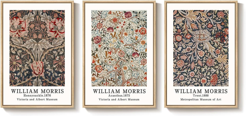 Framed Large William Morris Canvas Wall Art Set of 3, Vintage Floral Botanical Artwork Prints, Rustic Boho Farmhouse Aesthetic Decor for Living Room, Bedroom, Hallway or Office, 24x36 Inch