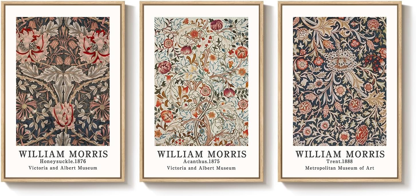 Framed Large William Morris Canvas Wall Art Set of 3, Vintage Floral Botanical Artwork Prints, Rustic Boho Farmhouse Aesthetic Decor for Living Room, Bedroom, Hallway or Office, 24x36 Inch