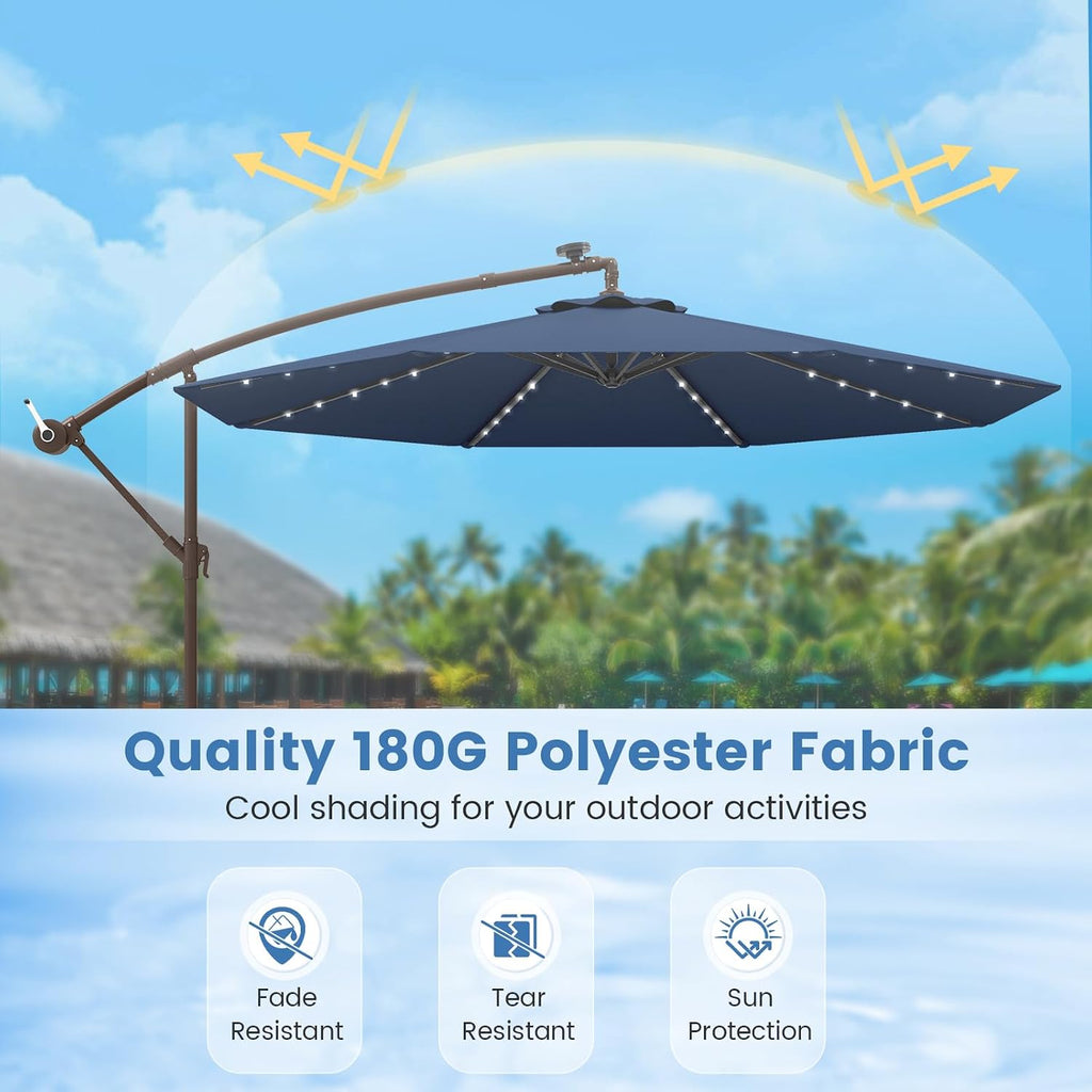 Tangkula 10FT Offset Patio Umbrella with Base Included, Outdoor Cantilever Umbrella with 40 Solar LED Lights, Tilt Adjustment, Crank Handle, Vented Top, Sand Bags for Pool Yard Deck (Navy)