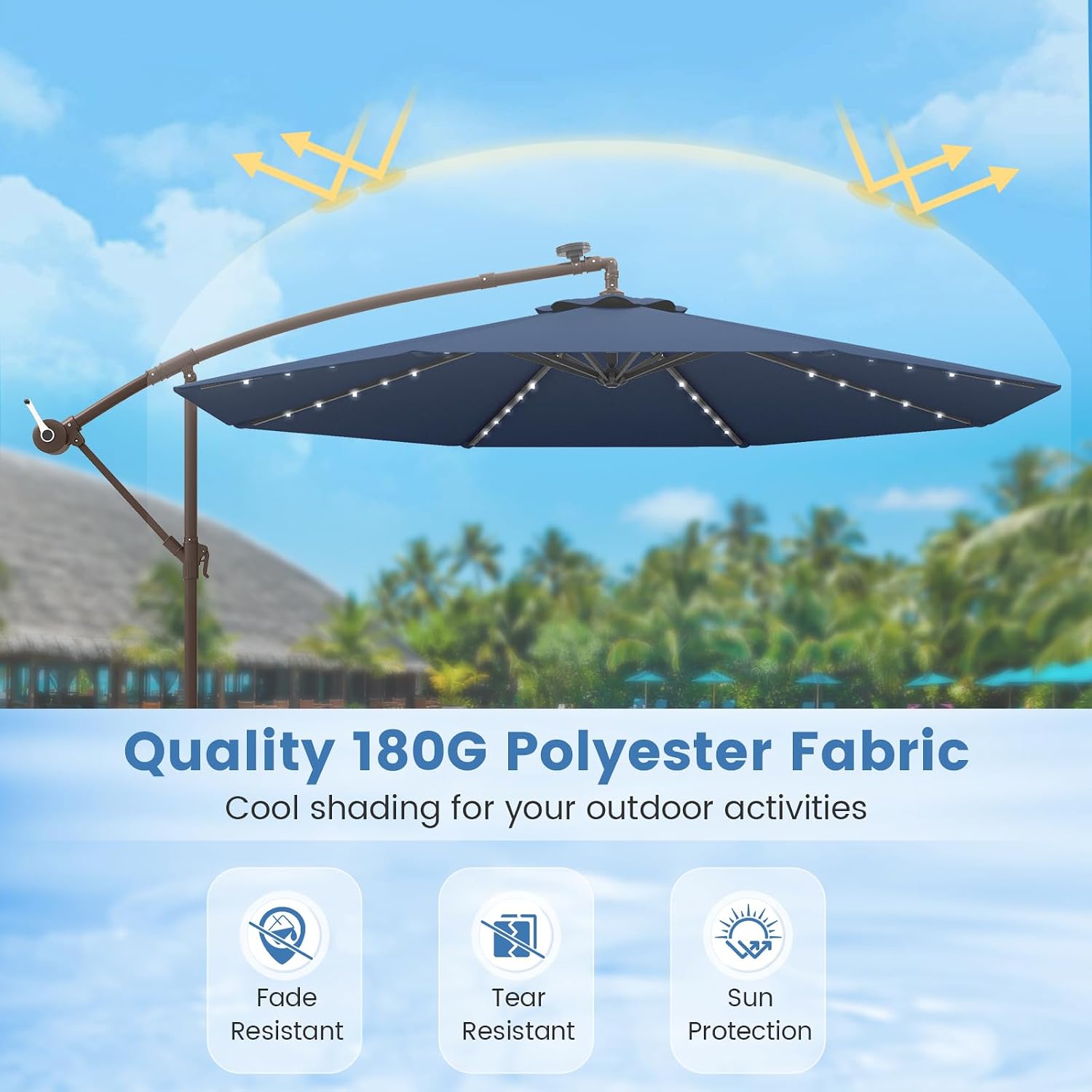 Tangkula 10FT Offset Patio Umbrella with Base Included, Outdoor Cantilever Umbrella with 40 Solar LED Lights, Tilt Adjustment, Crank Handle, Vented Top, Sand Bags for Pool Yard Deck (Navy)
