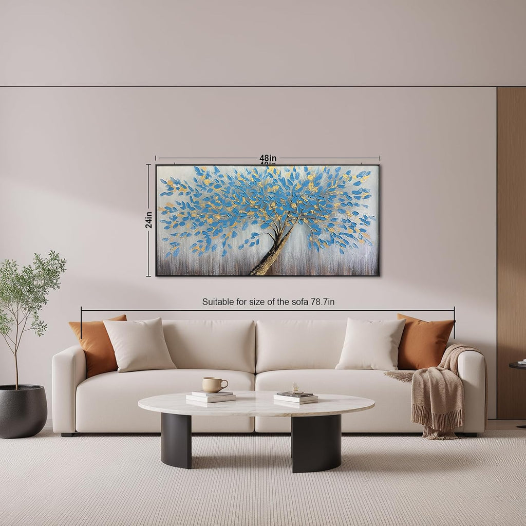 Blue Tree of Life Canvas Wall Art, Modern Abstract Textured Painting, Large Wall Art Framed Panoramic Landscape Artwork for Living Room, Bedroom, Office, Home Decor 48'x24'