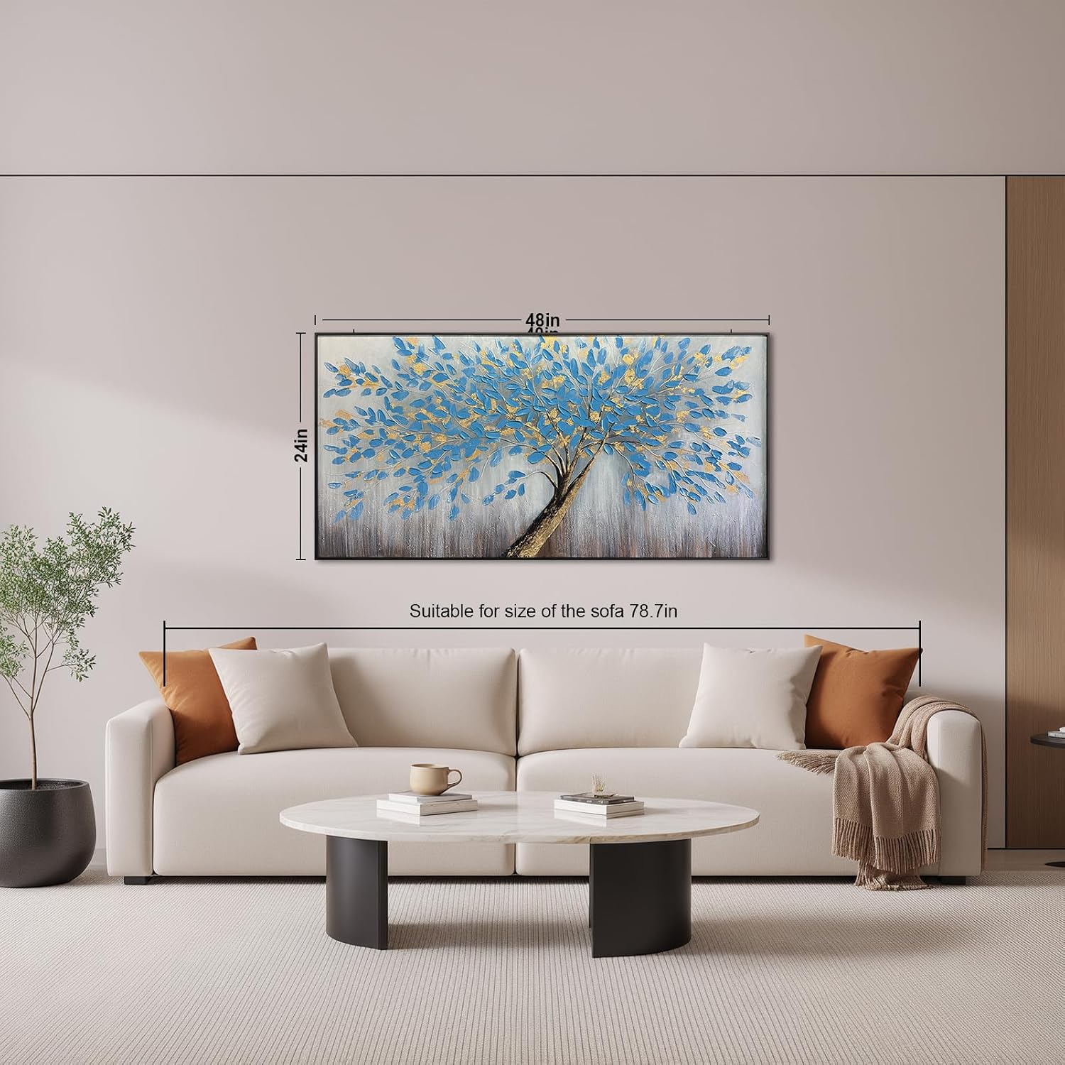 Blue Tree of Life Canvas Wall Art, Modern Abstract Textured Painting, Large Wall Art Framed Panoramic Landscape Artwork for Living Room, Bedroom, Office, Home Decor 48'x24'