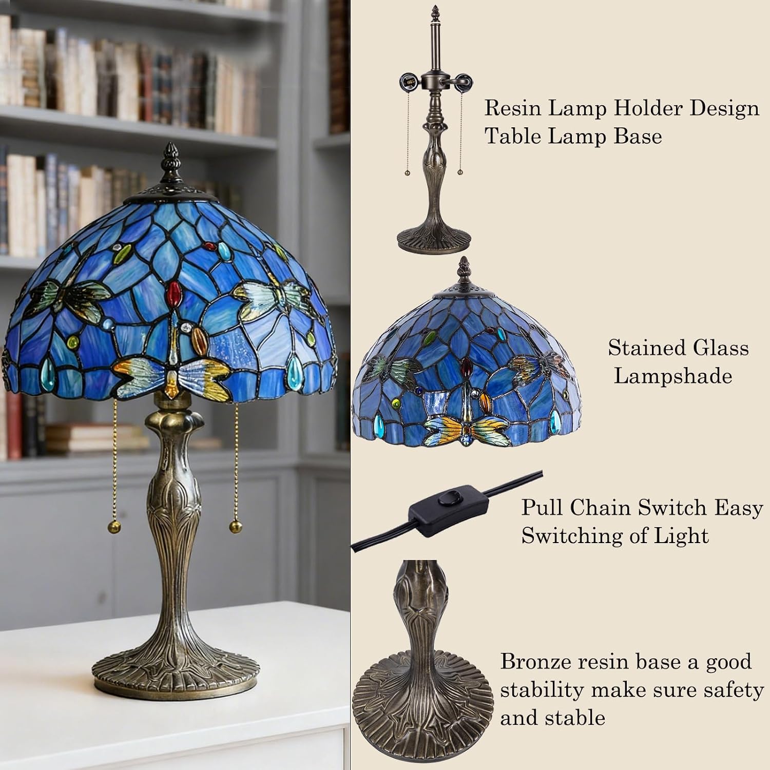 Tiffany Table Lamp, 3 Color-Temperature Dragonfly Stained Glass Lamp,12 Inch Tiffany Style Lamp for Bedroom Living Room Home, Handcrafted Light, Included Bulb (Blue)