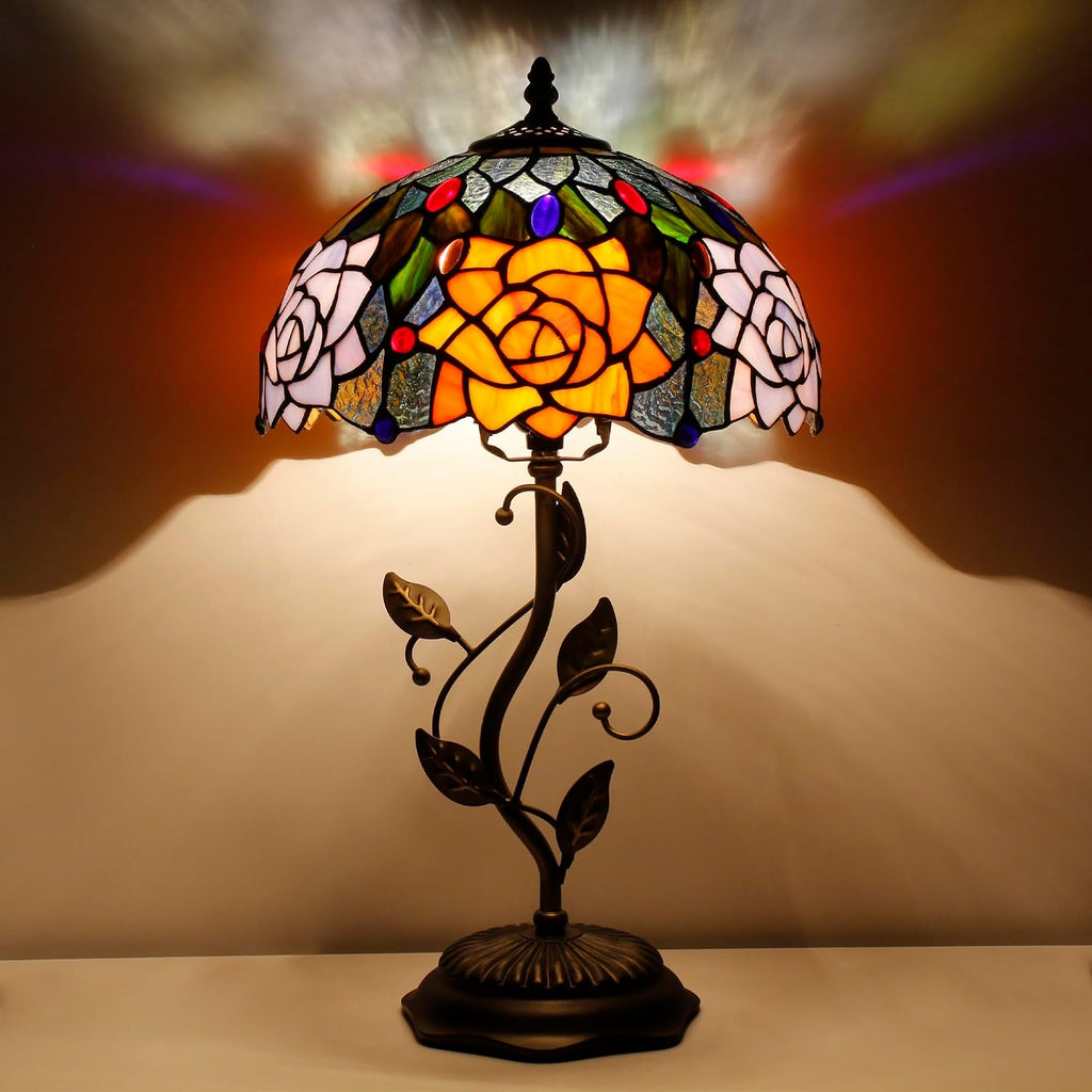 Tiffany Lamp Orange Red Rose Flower Stained Glass Table Lamp Desk Bedside Reading Light 12X12X19 Inches with Metal Leaf Base Decor Bedroom Living Room