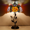 Tiffany Lamp Orange Red Rose Flower Stained Glass Table Lamp Desk Bedside Reading Light 12X12X19 Inches with Metal Leaf Base Decor Bedroom Living Room