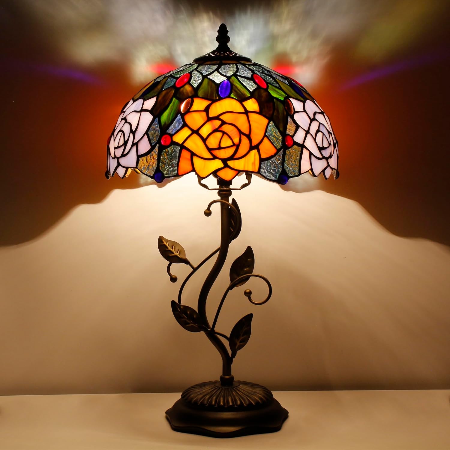 Tiffany Lamp Orange Red Rose Flower Stained Glass Table Lamp Desk Bedside Reading Light 12X12X19 Inches with Metal Leaf Base Decor Bedroom Living Room