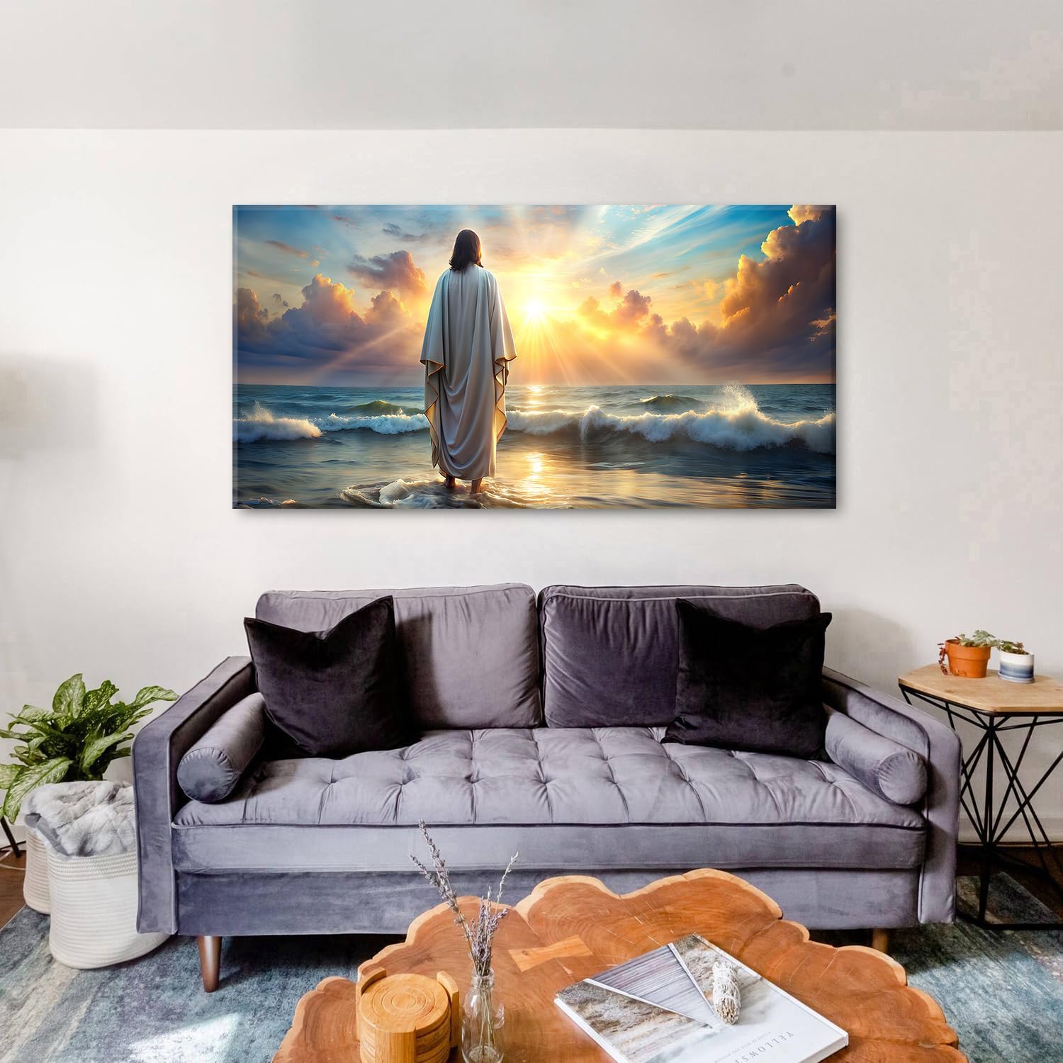 Jesus Walking on Water Wall Art Inspirational Biblical Wall Decor Jesus Walking on Sunset Ocean Picture Christian Religious Painting Decor Nature Beach Poster Artwork Church Home Decorations 30x60'