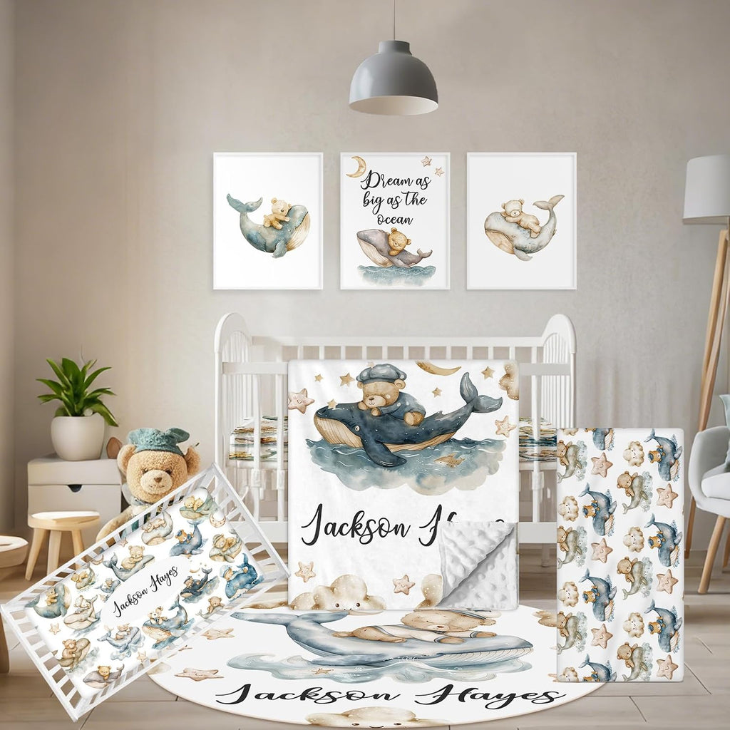 Terwex Personalized Baby Bedding Set - 5 Pcs Custom Infants Bedding Set with Infant Name - Double Layer Nursery Crib Set for Girls Boys - Customized Gifts for Toddler Baby Shower - Whales and Bears