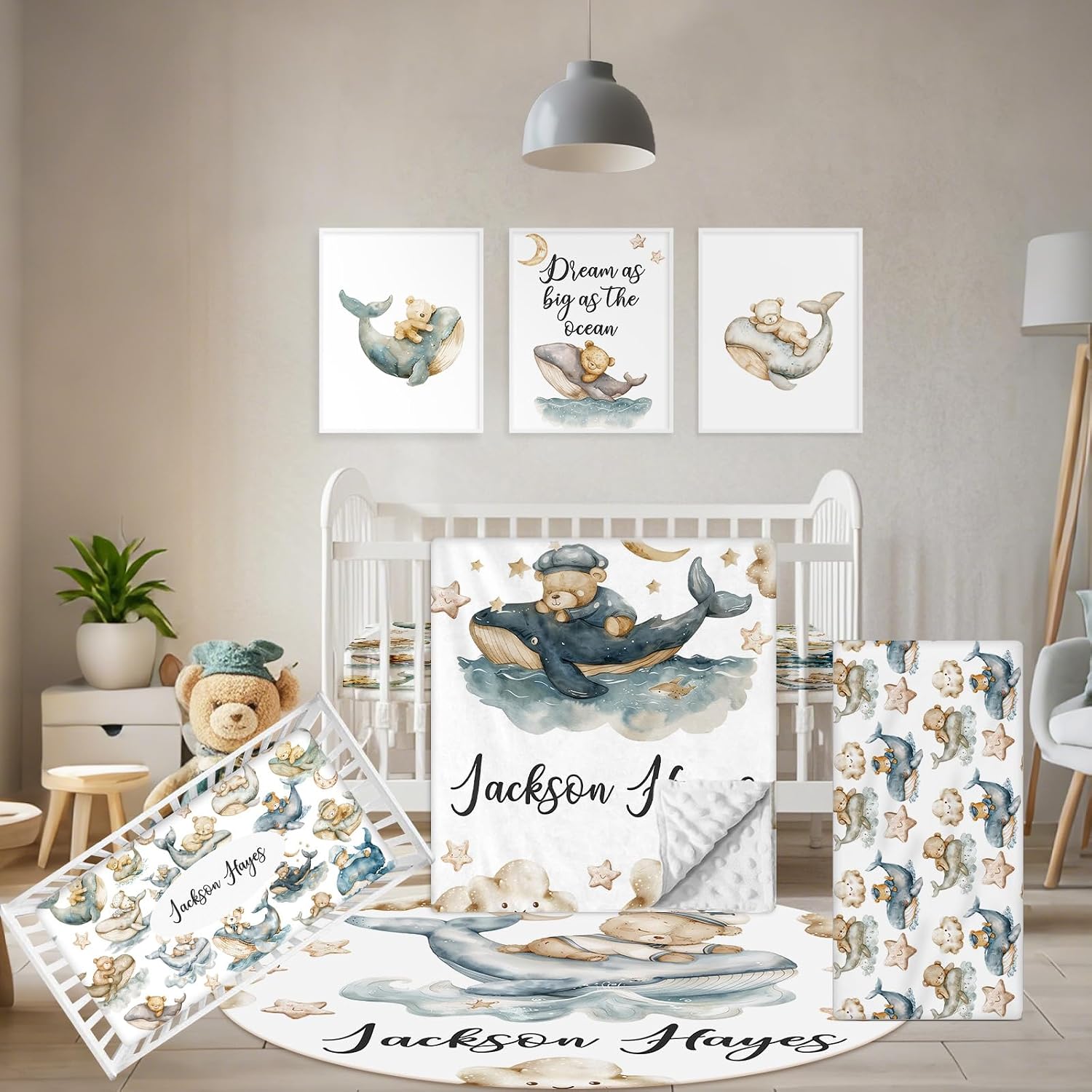 Terwex Personalized Baby Bedding Set - 5 Pcs Custom Infants Bedding Set with Infant Name - Double Layer Nursery Crib Set for Girls Boys - Customized Gifts for Toddler Baby Shower - Whales and Bears