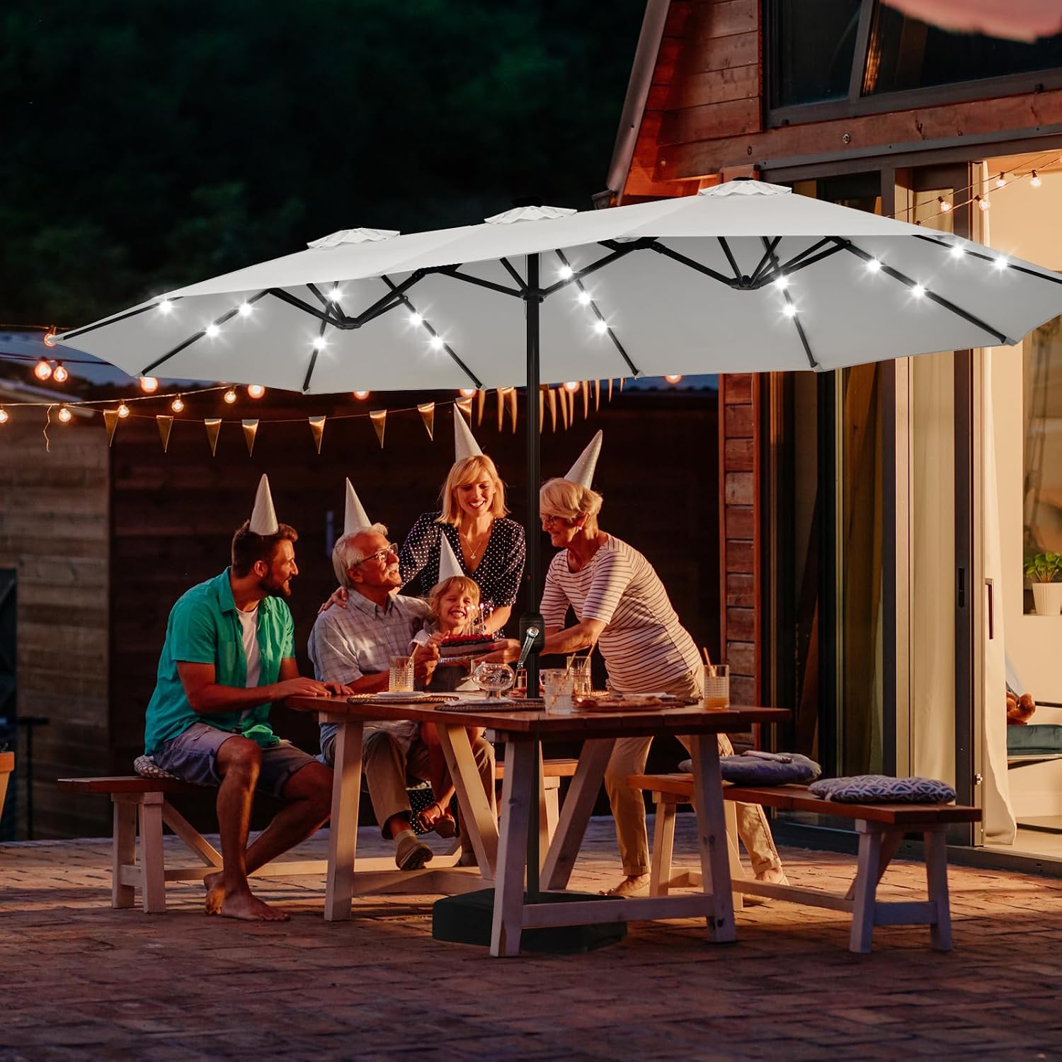 ABCCANOPY 15ft Umbrella Outdoor Patio Solar Lights with Base, Outdoor Double-Sided Rectangle Umbrella for Poolside, Lawn, Backyard (Light Gray)