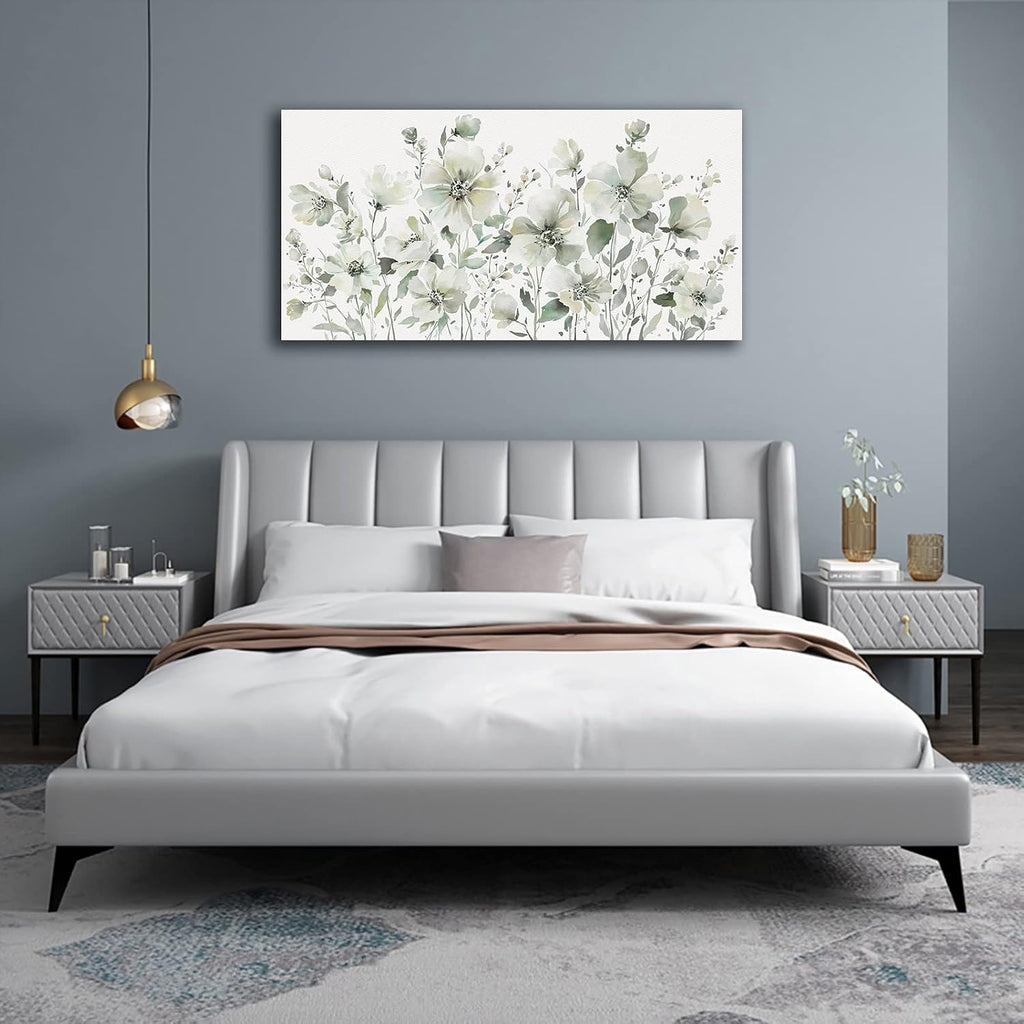 Elegant Flowers Wall Art Abstract Floral Pictures Wall Decor Modern Green Botanical Canvas Painting Flower Blossom Canvas Print Artwork for Living Room Bedroom Office Home Wall Decoration 29' x 58'