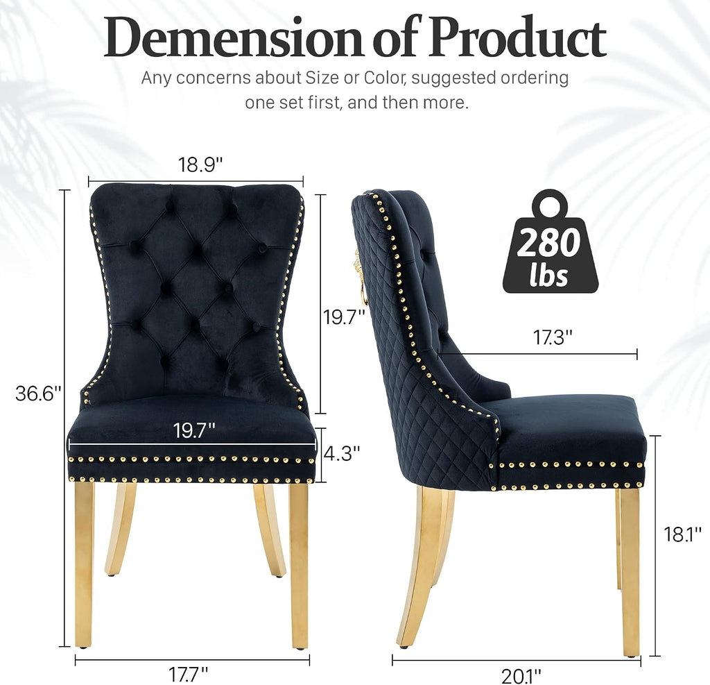 civama Dining Chairs Set of 2, Elegant Luxury Velvet Tufted Dining Chairs Golden Legs & Nailhead Trim, Back Lion Head Pull Ring & Rhomboid Pattern, Nikki Collection Armless Kitchen Chair, Black