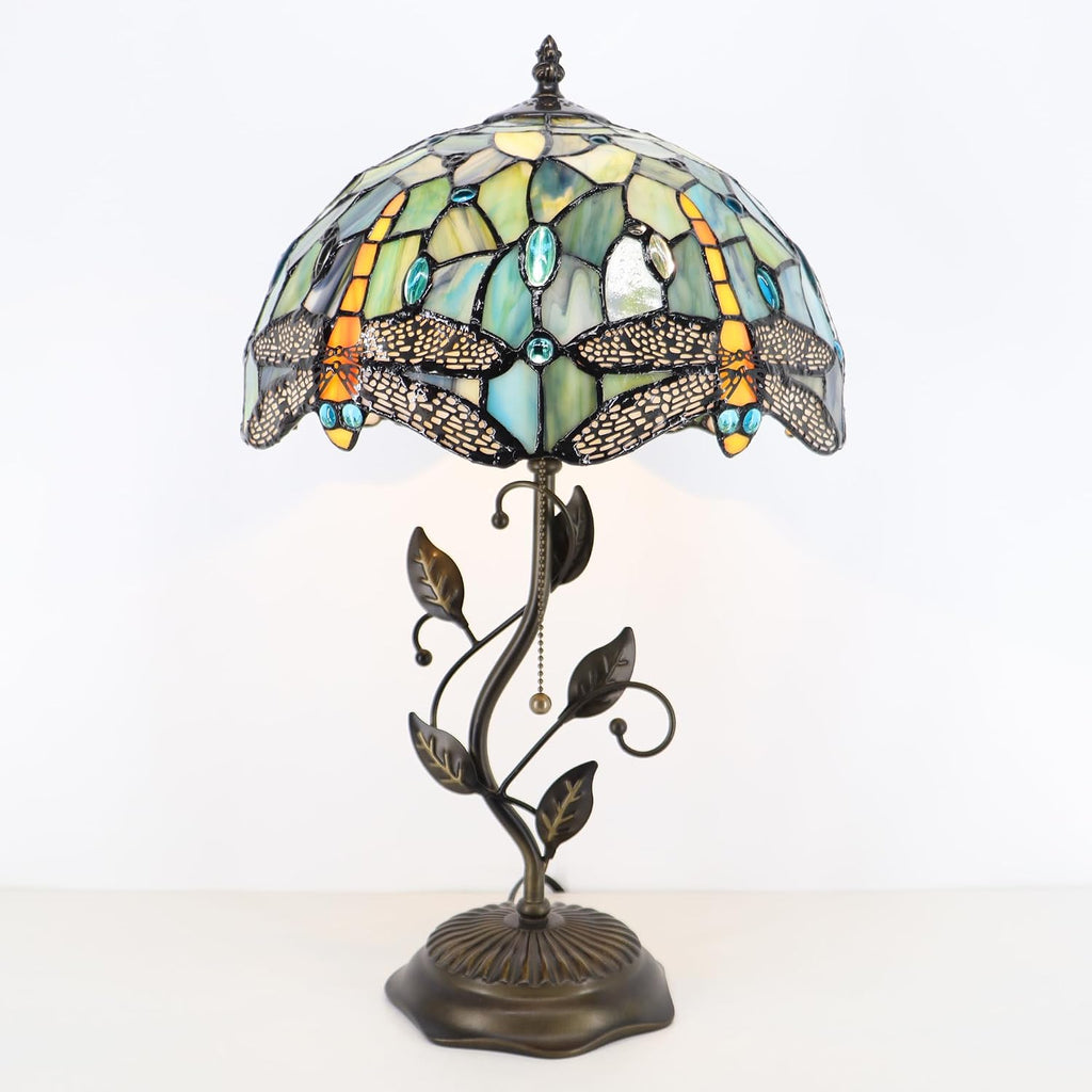 Tiffany Table Lamp, Stained Glass Style Desk Lamp, 12X12X19 Inch,Bedside Reading Light, Metal Leaf Base (Brown Dragonfly Style)